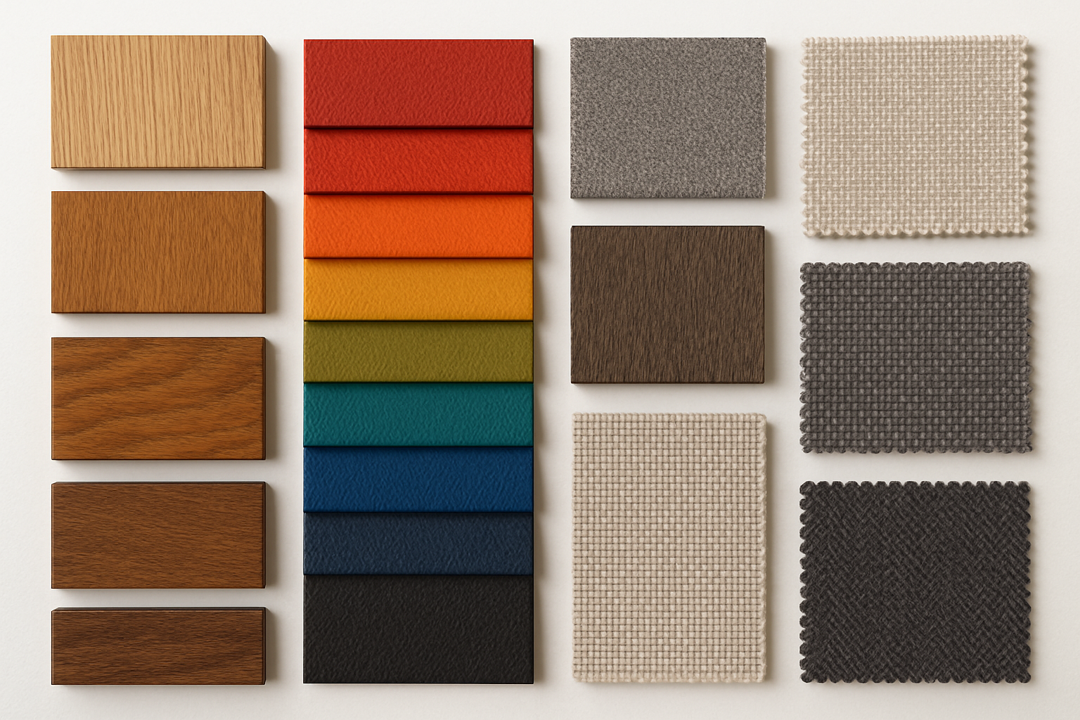 a collection of material samples including wood finishes, vinyl swatches, and fabric textures