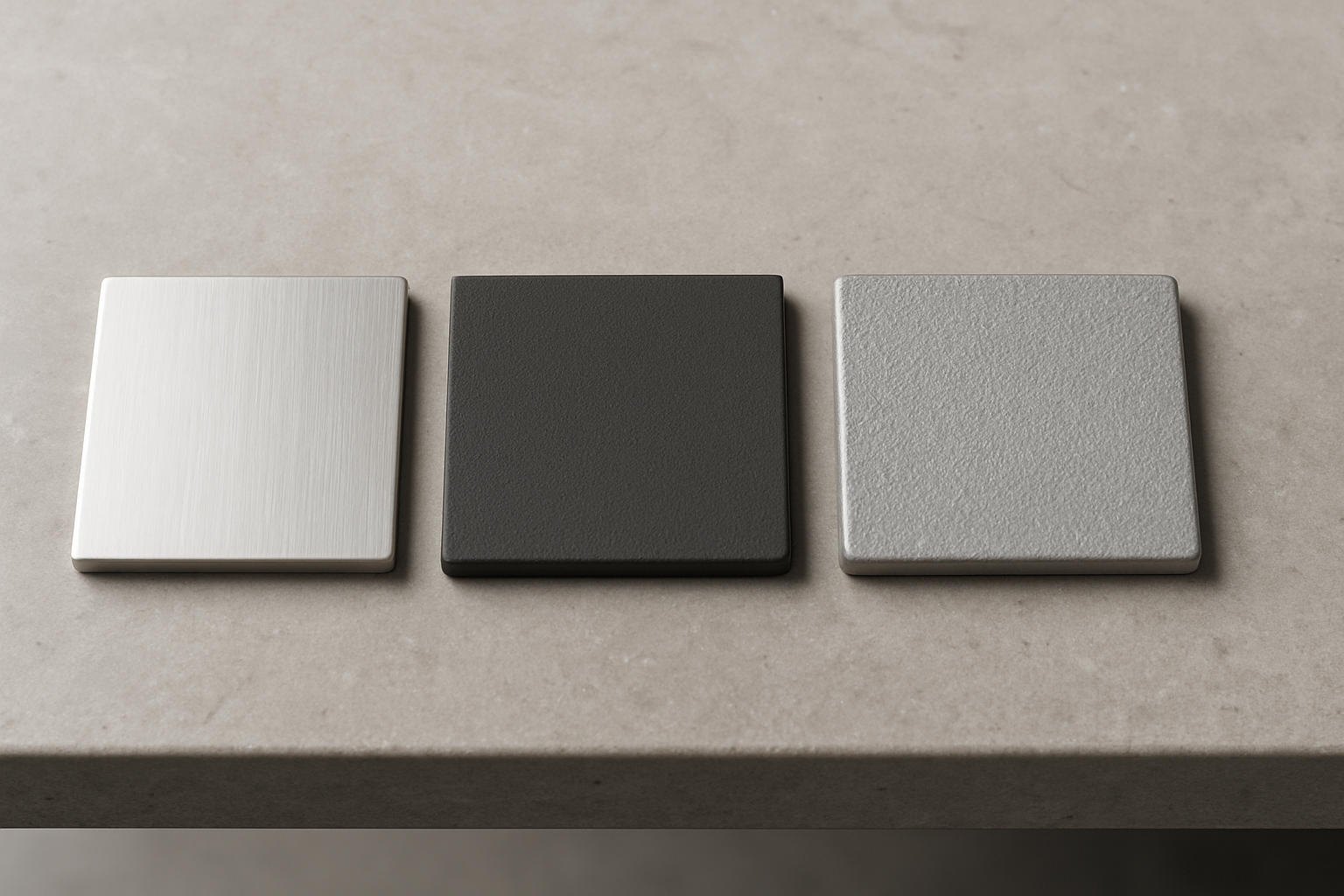 swatches of stainless, powder-coated steel, and cast aluminum next to a stone top