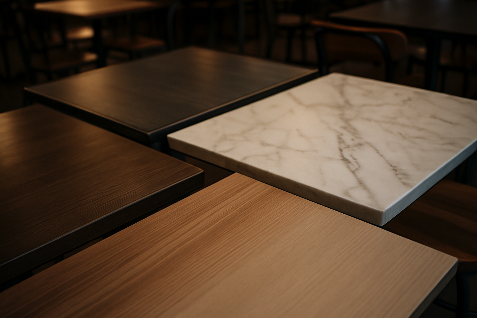close-up of mixed table top materials in a restaurant