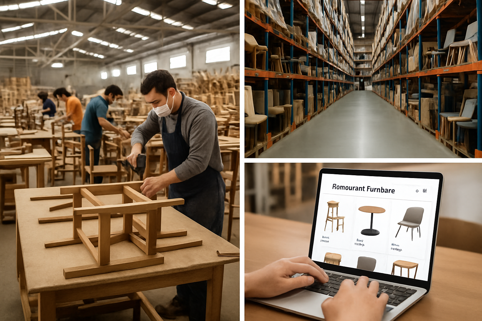 a collage of restaurant furniture sourcing methods, including a factory floor, a wholesale warehouse, and a B2B platform website on a laptop