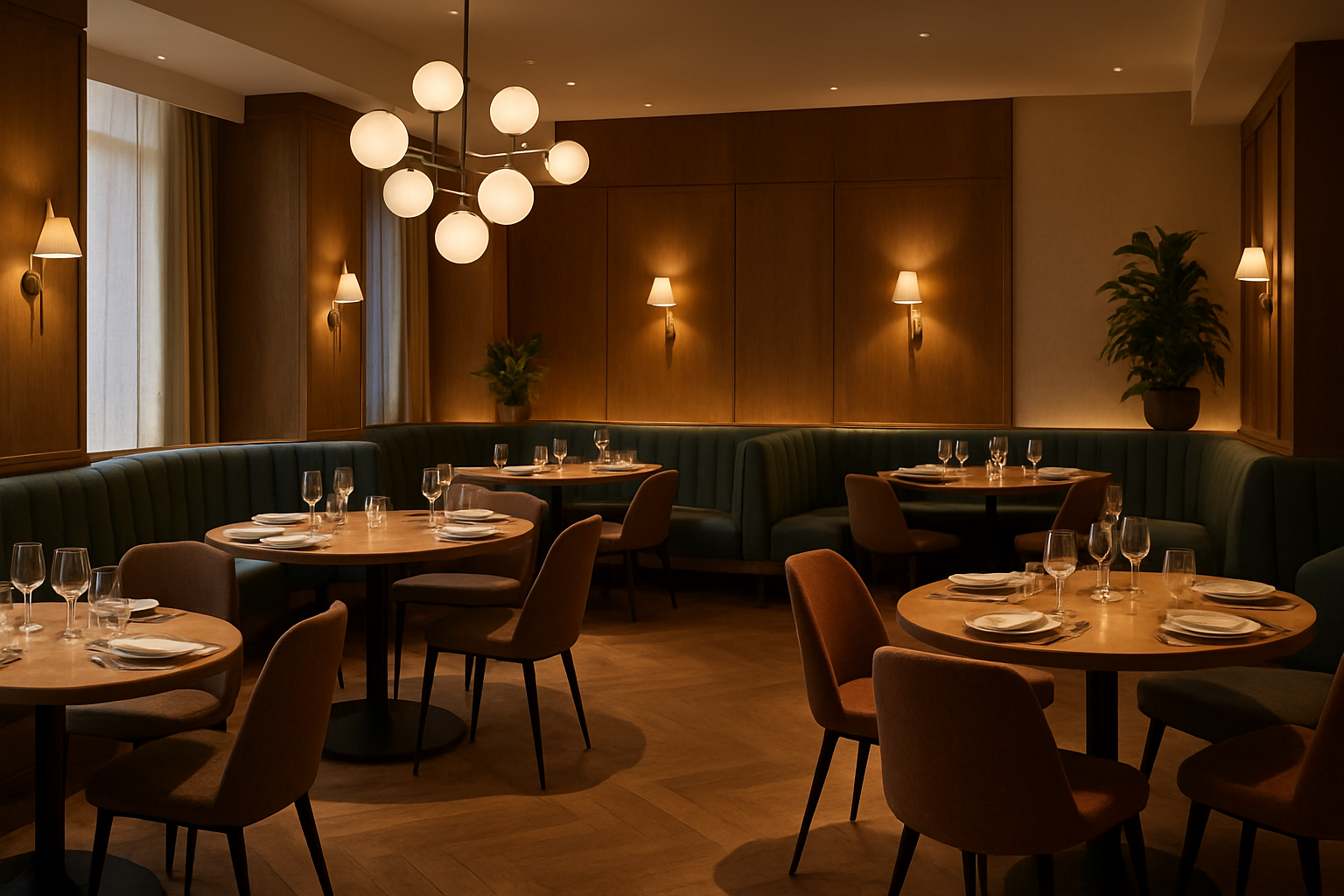a stylish restaurant interior showcasing a cohesive set of tables, chairs, and booths