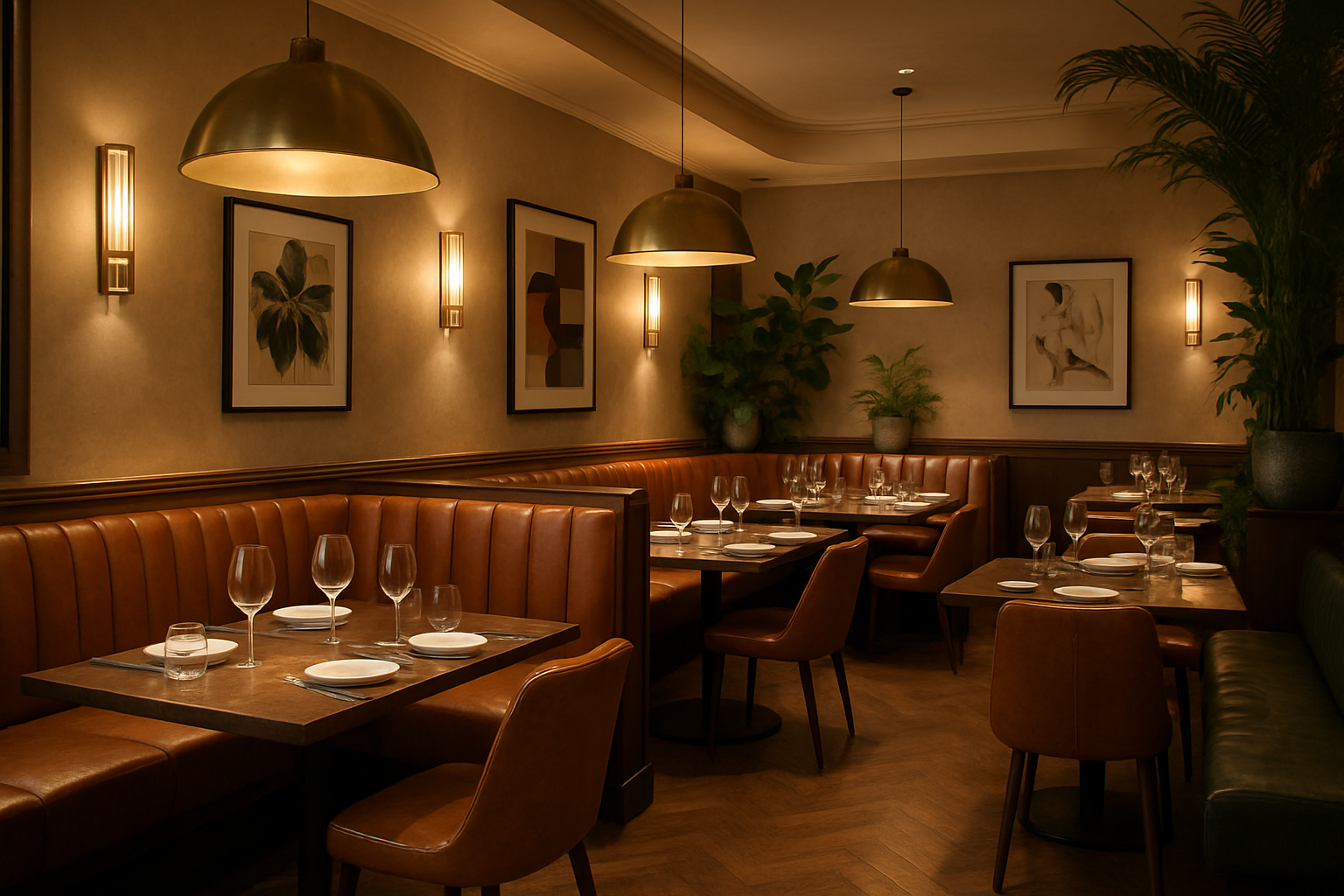a stylish restaurant interior featuring a mix of comfortable booth seating and tables