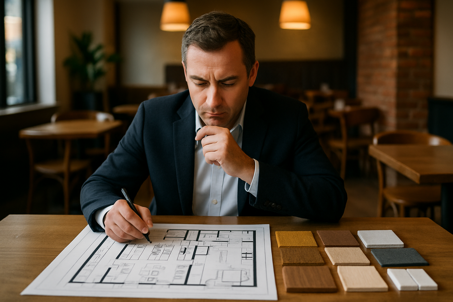 a restaurant owner looking at a floor plan and material samples, making an informed decision