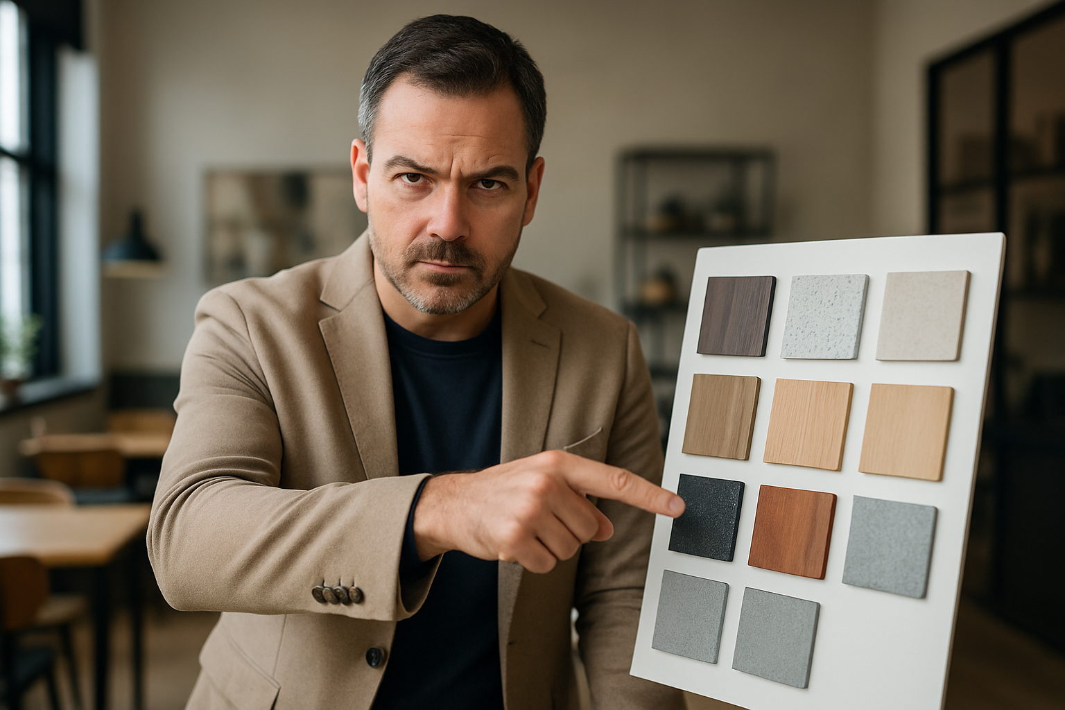 a restaurant owner confidently pointing to a material sample, having made a clear decision