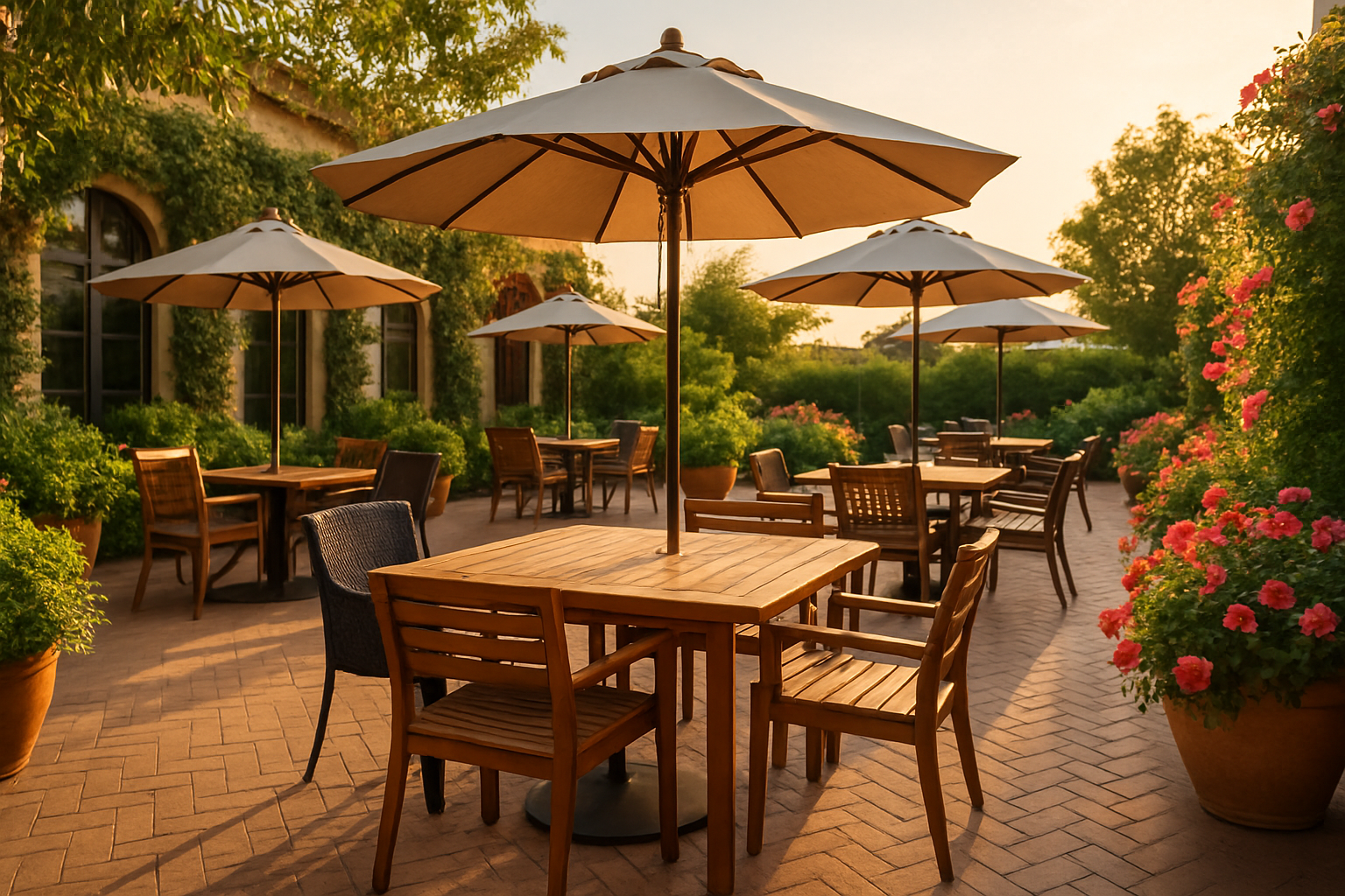 an inviting restaurant patio with durable, weather-resistant tables, chairs, and umbrellas.