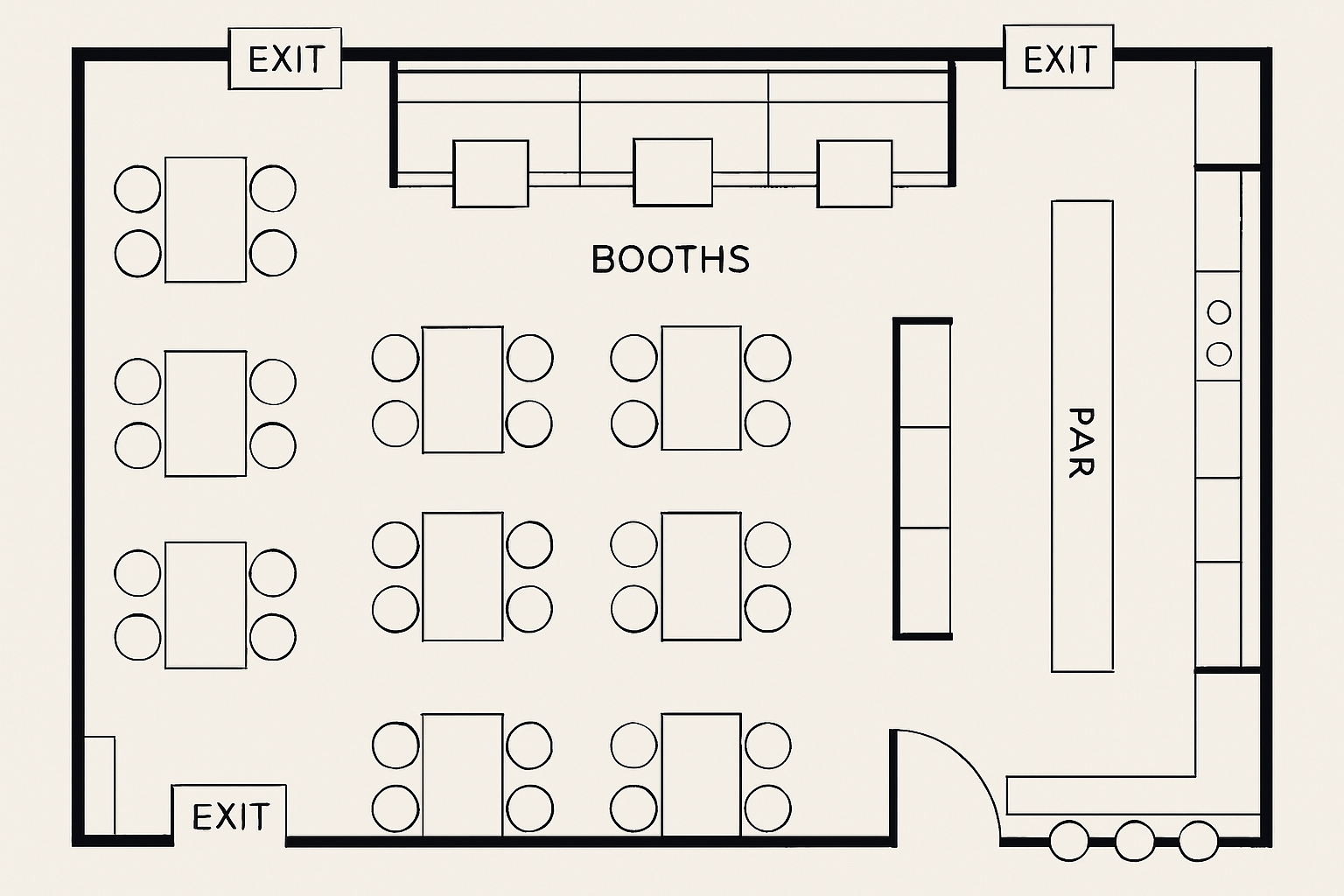restaurant seating with clear aisles and exit signs