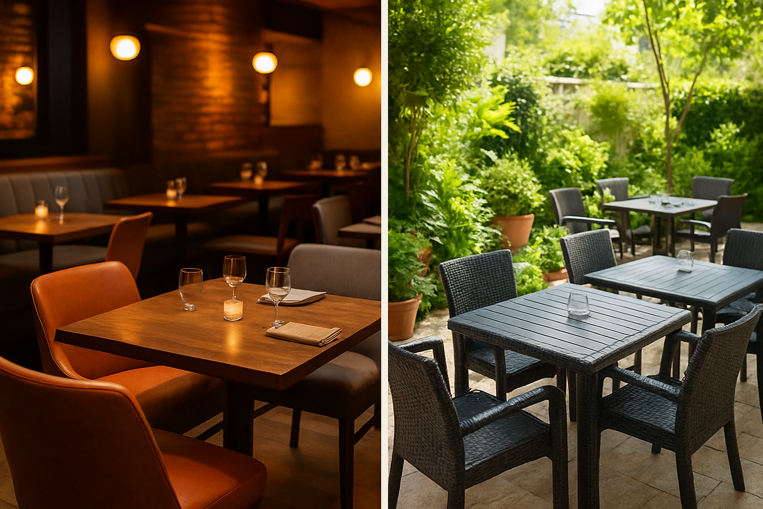 a split image showing a cozy indoor restaurant setting and a sunny outdoor patio with appropriate tables