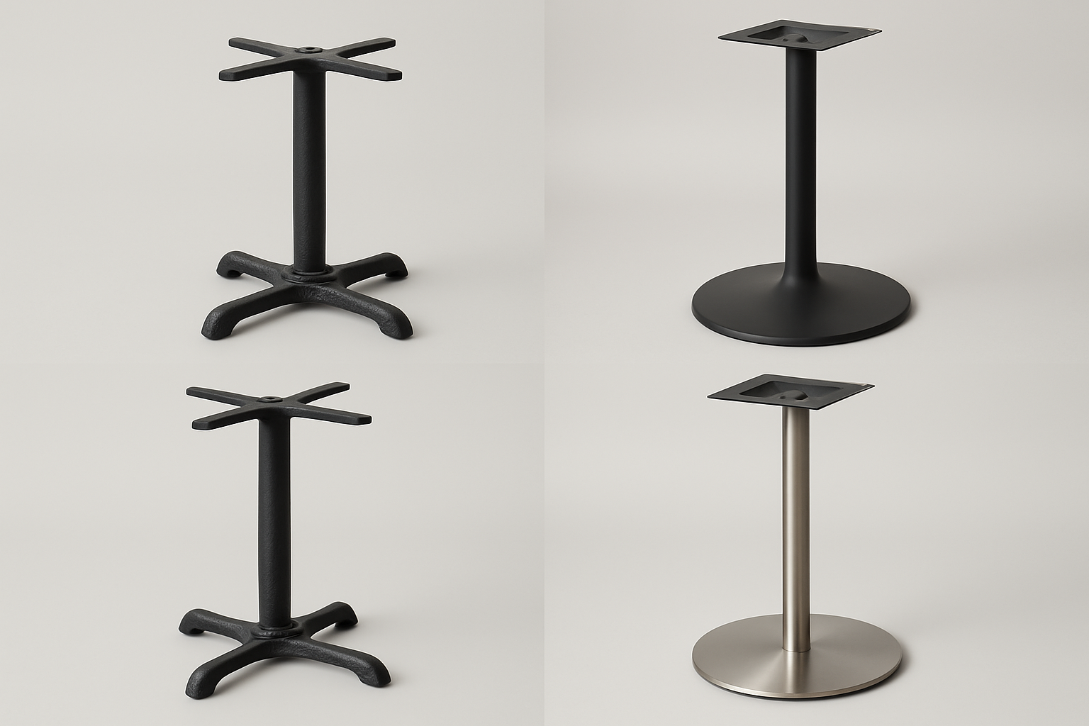 a selection of different restaurant table bases like cast iron x-base and round pedestal base