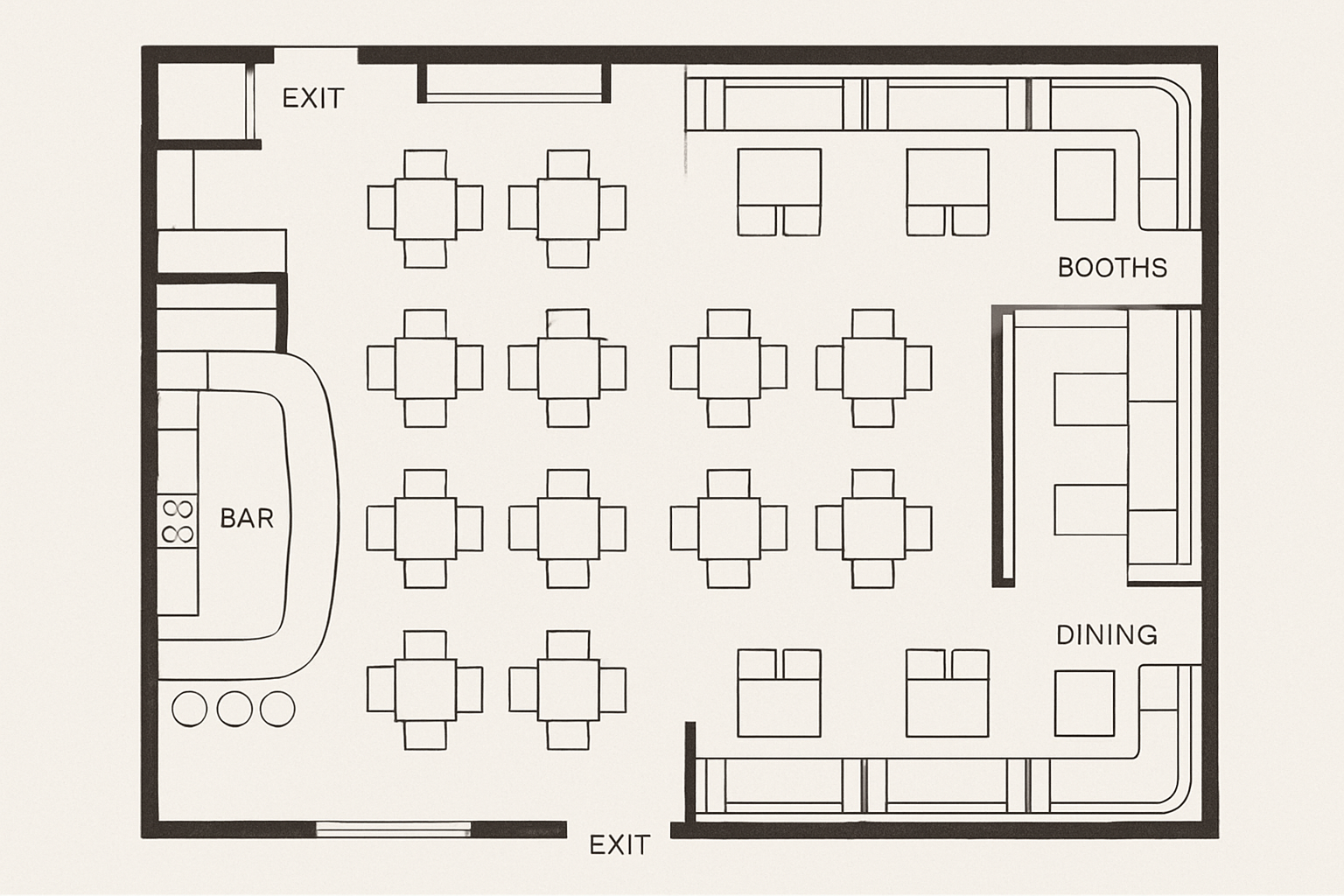 top view showing tables, booths, bar, and exit paths