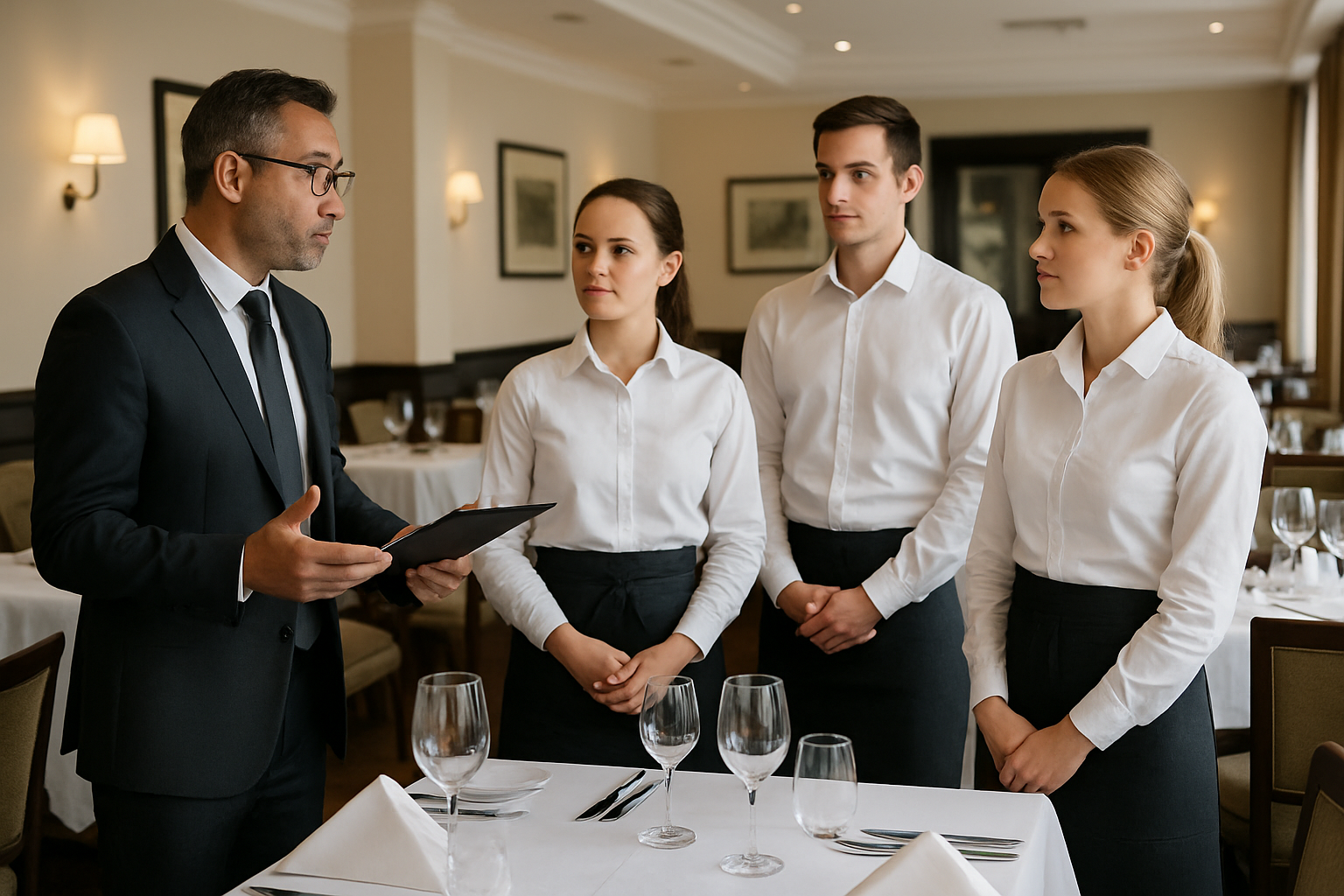 a restaurant manager training staff, with a focus on service standards in a well-laid-out dining room