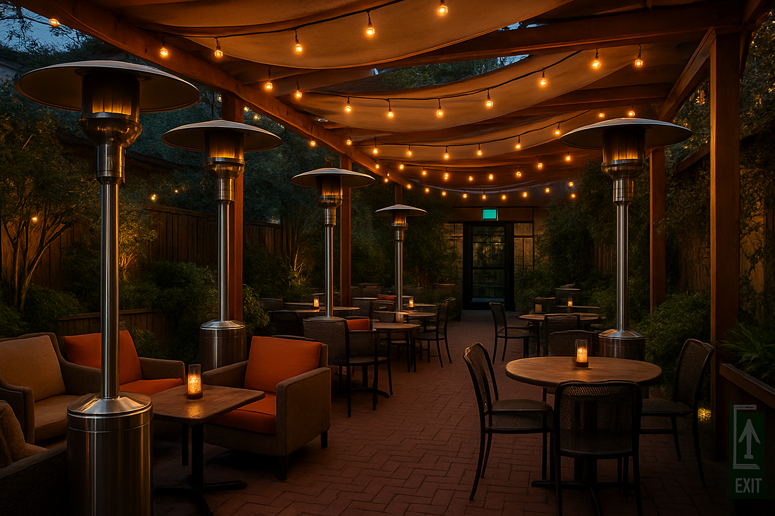 seasonal patio with heaters and clear exit routes