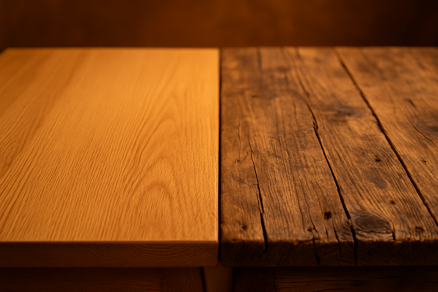 solid oak and rustic plank tops in warm lighting