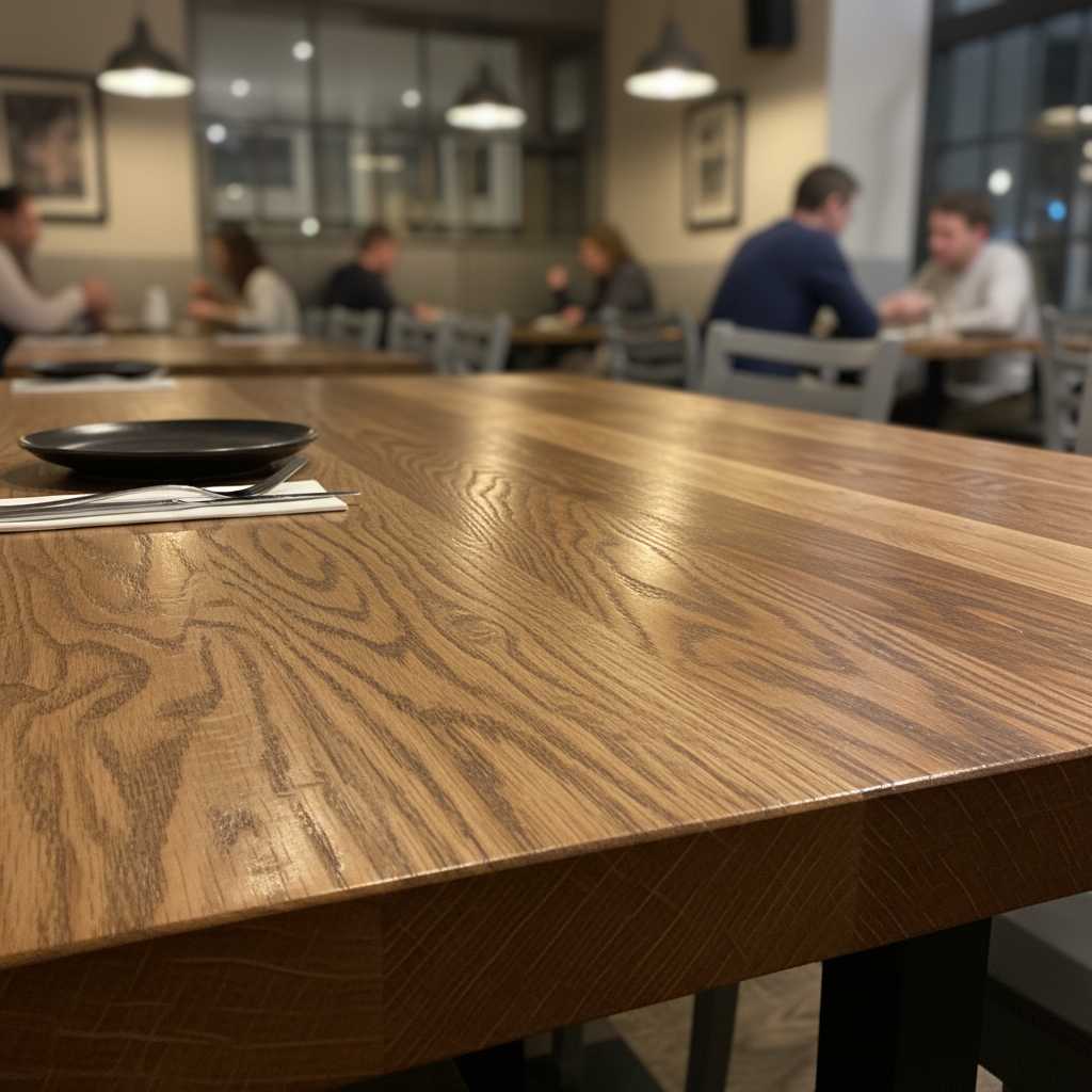 a close-up of a sturdy, commercial-grade solid wood restaurant table set in a dining setting.
