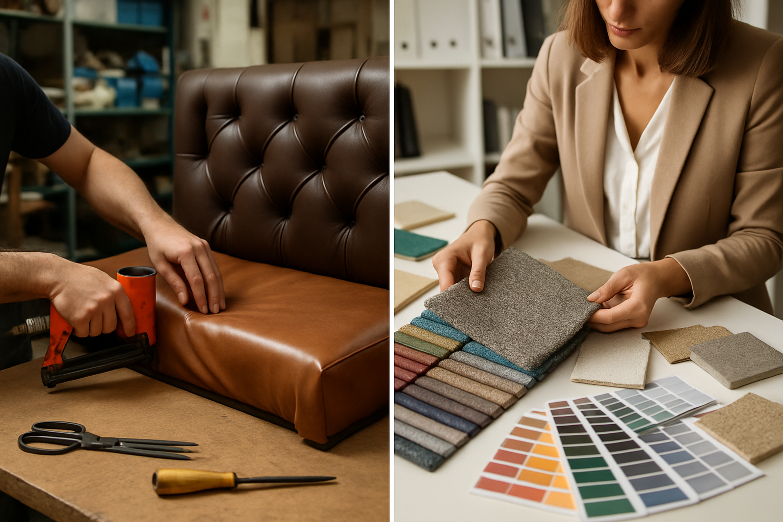 a split image showing a worker reupholstering a booth seat on one side and a designer choosing custom fabrics on the other