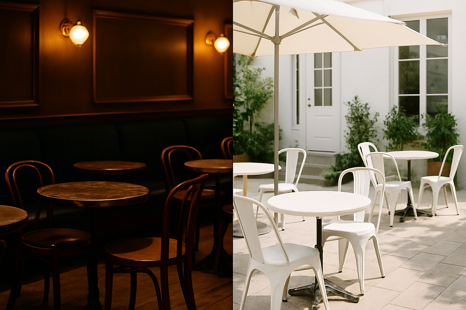 split scene: indoor bistro and outdoor patio with different tops