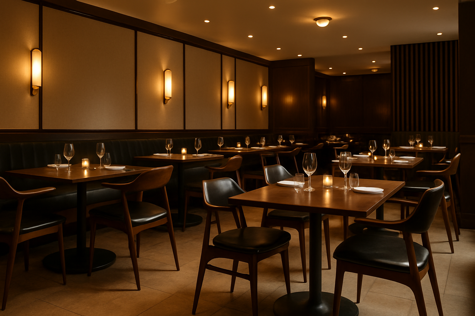 a stylish restaurant featuring commercial-grade mid-century modern chairs and tables.