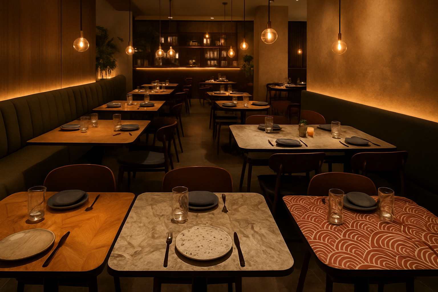 a stylish restaurant interior where the table tops are a key feature of the decor