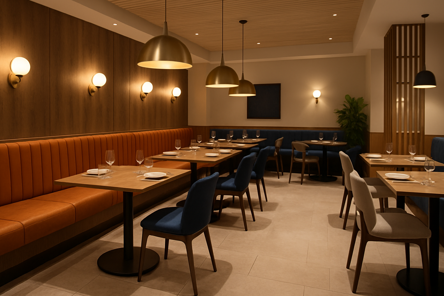 a stylish restaurant interior with a variety of well-planned seating options, including booths and tables