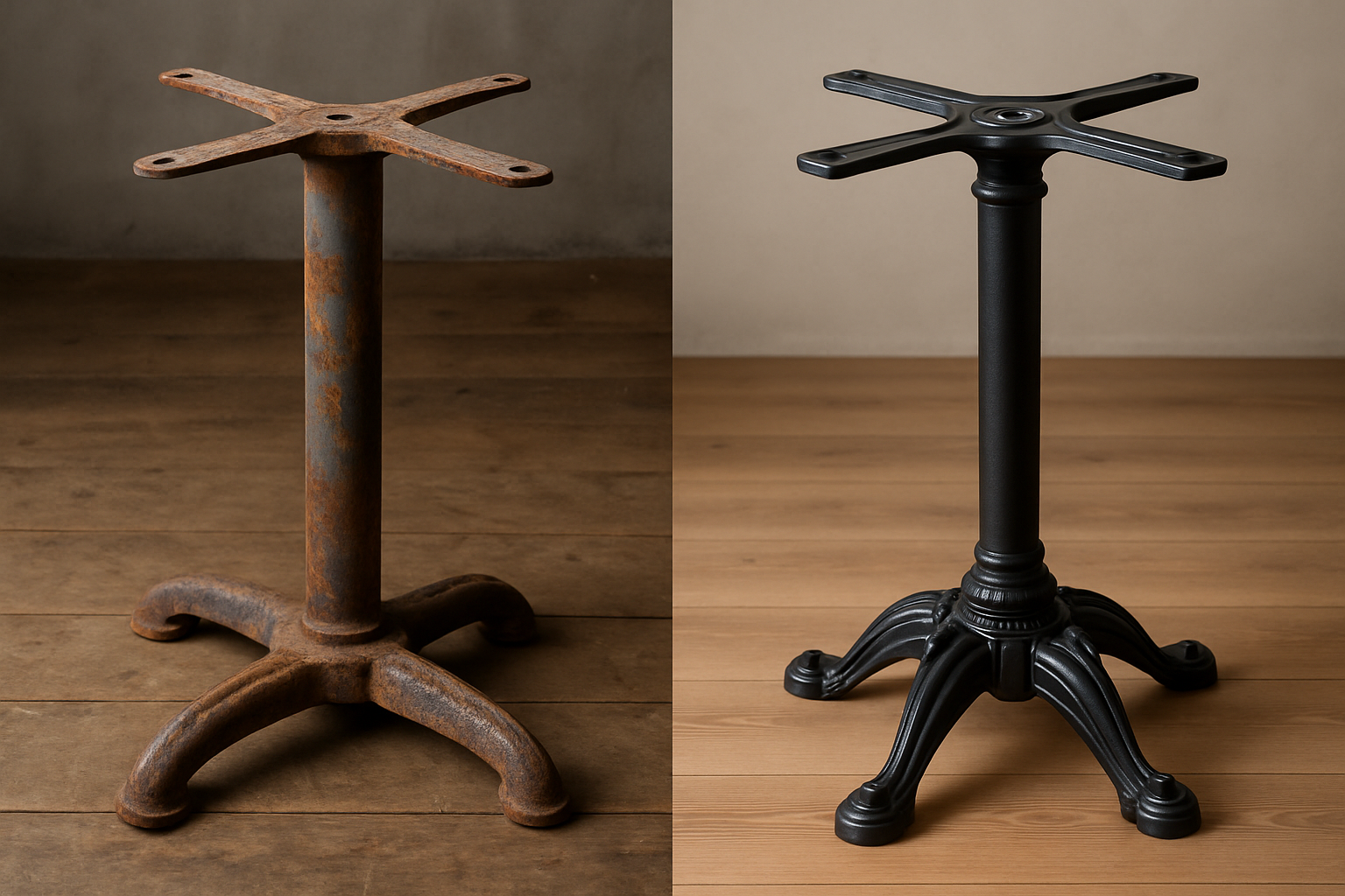 a side-by-side photo showing a rusty, worn-out cheap table base next to a well-maintained cast iron base