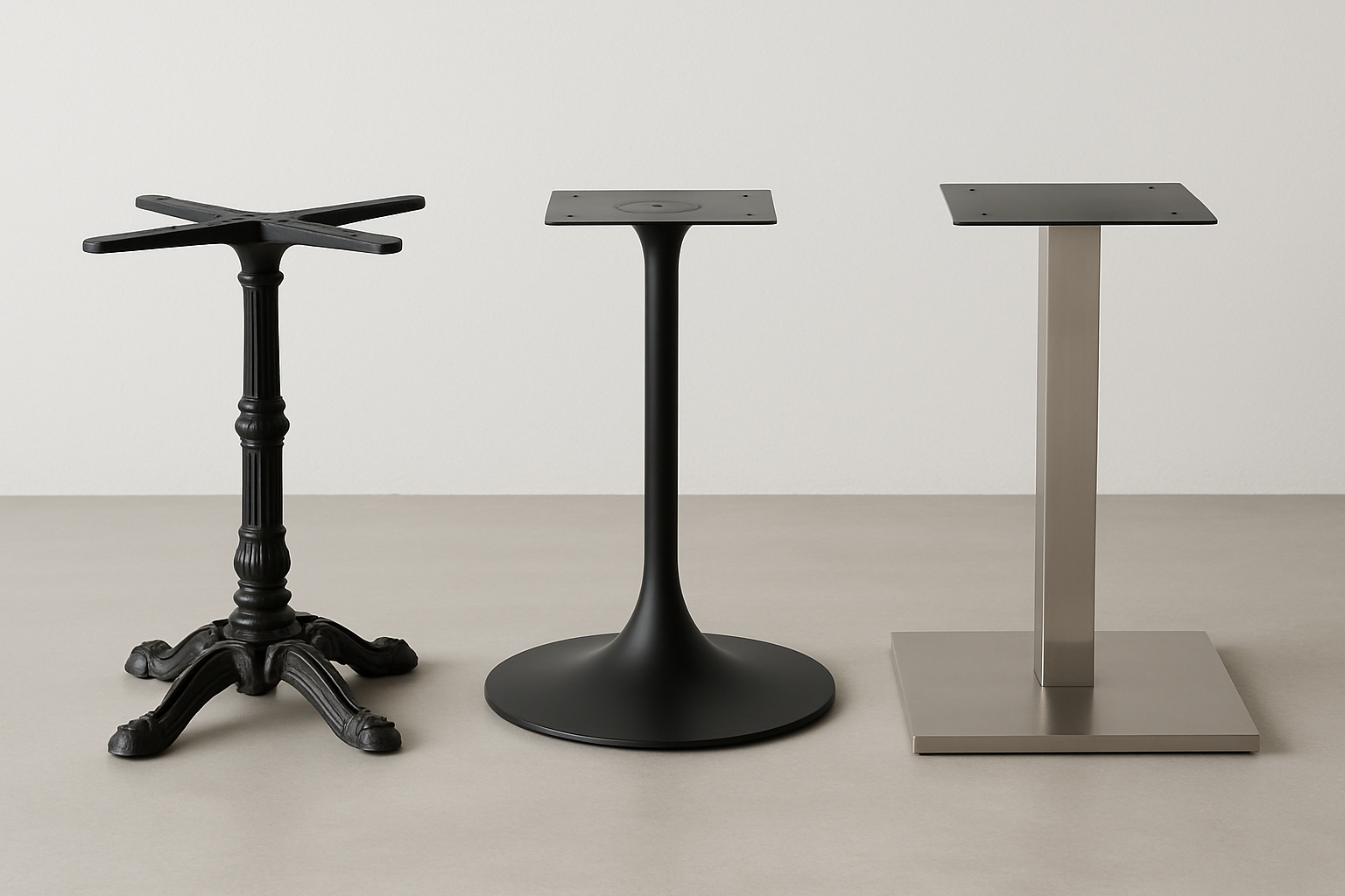 an image showcasing different types of table bases including an X-base, a round base, and a square base