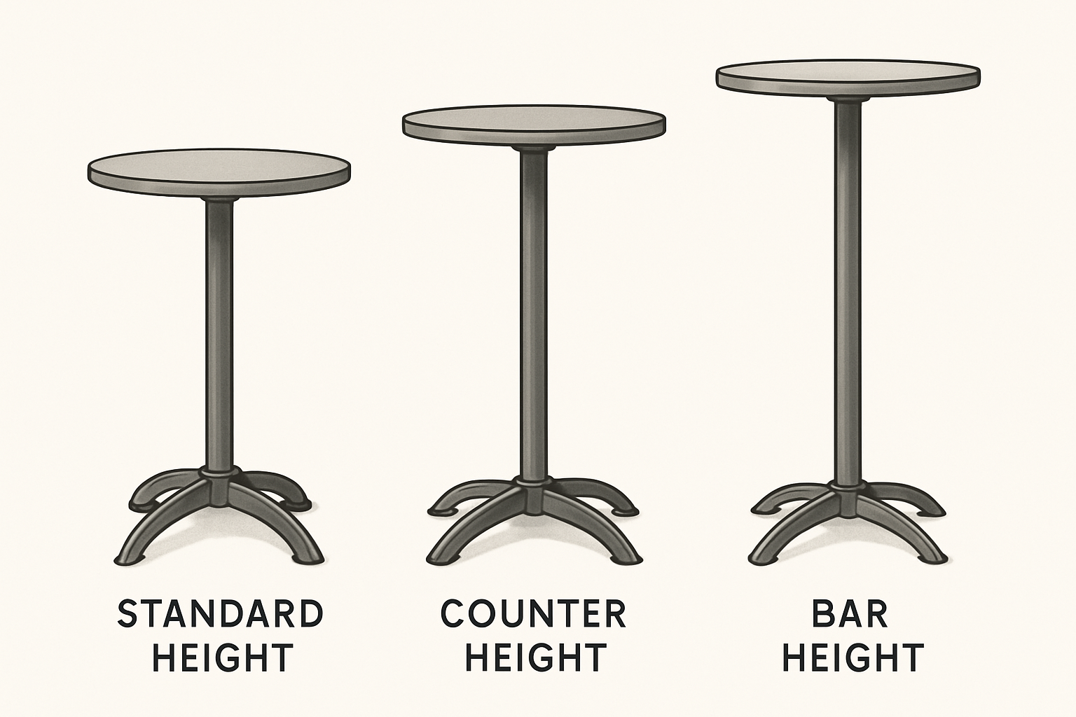 an illustration comparing standard height, counter height, and bar height table bases