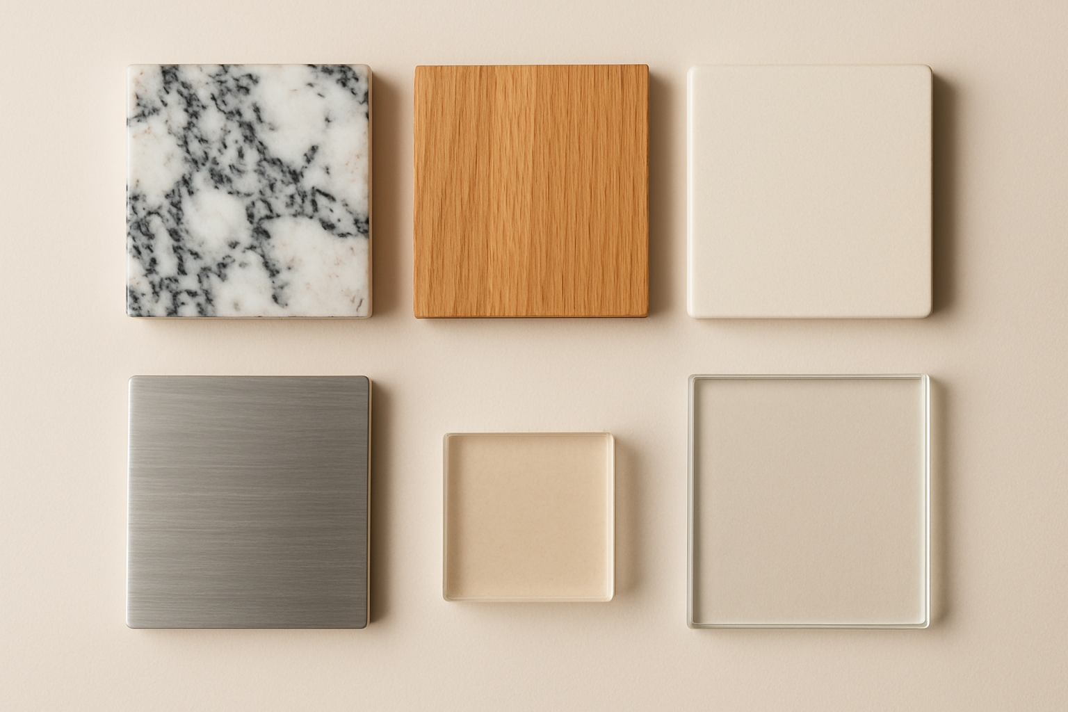 samples of stone, wood, laminate, metal, resin, and glass tops