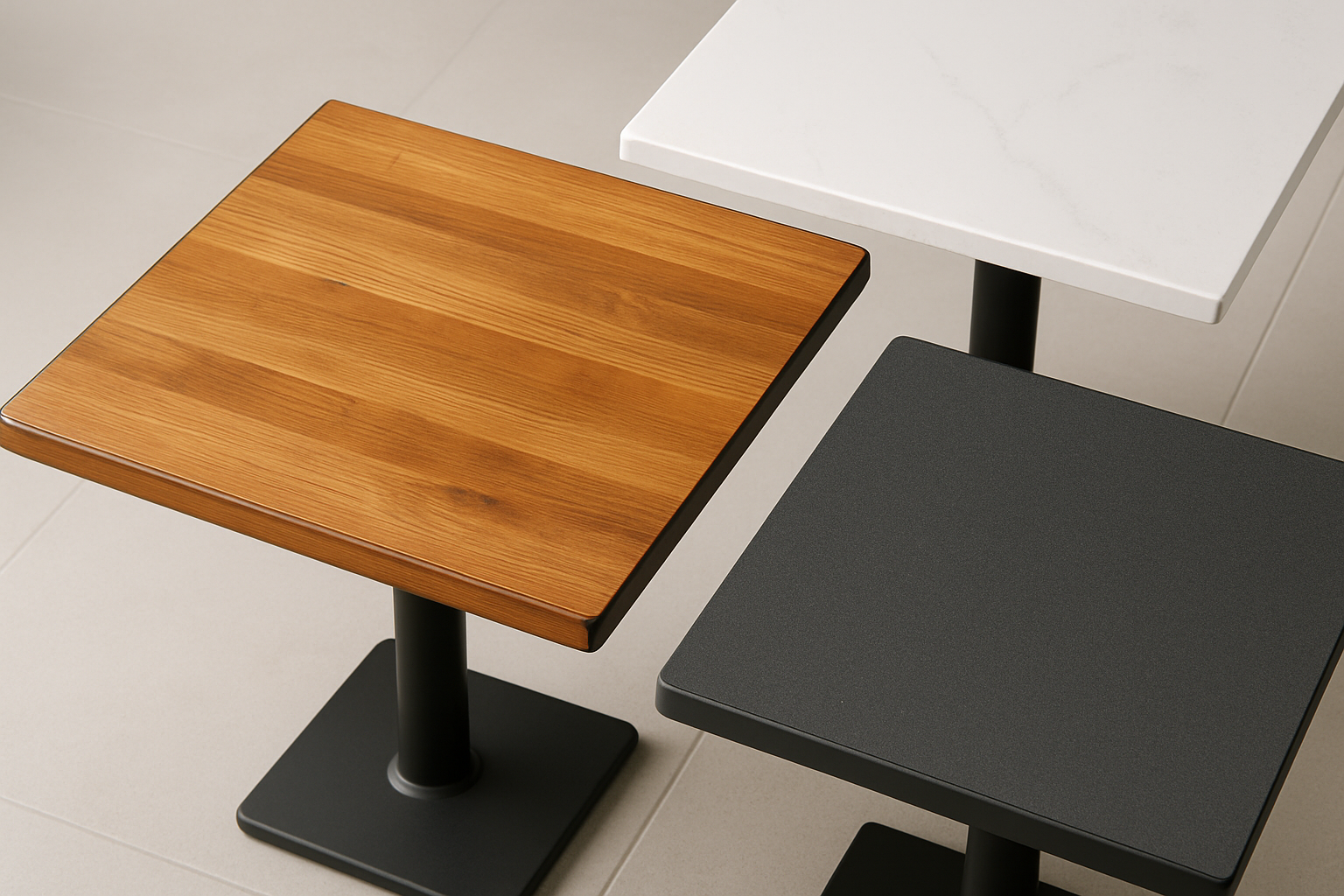 an assortment of different restaurant table top materials, including wood, quartz, and melamine