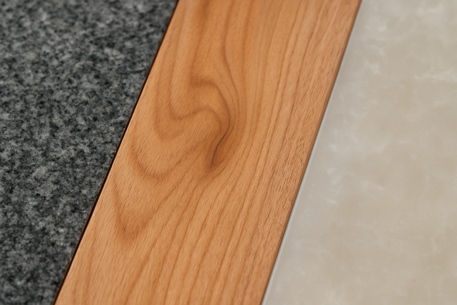 a close-up comparison of different tabletop material textures, like granite, wood, and resin