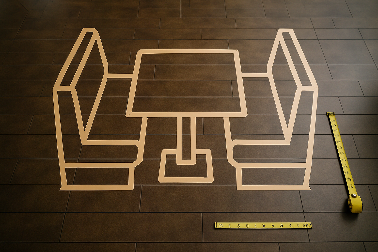 taped full-scale booth mockup on a restaurant floor