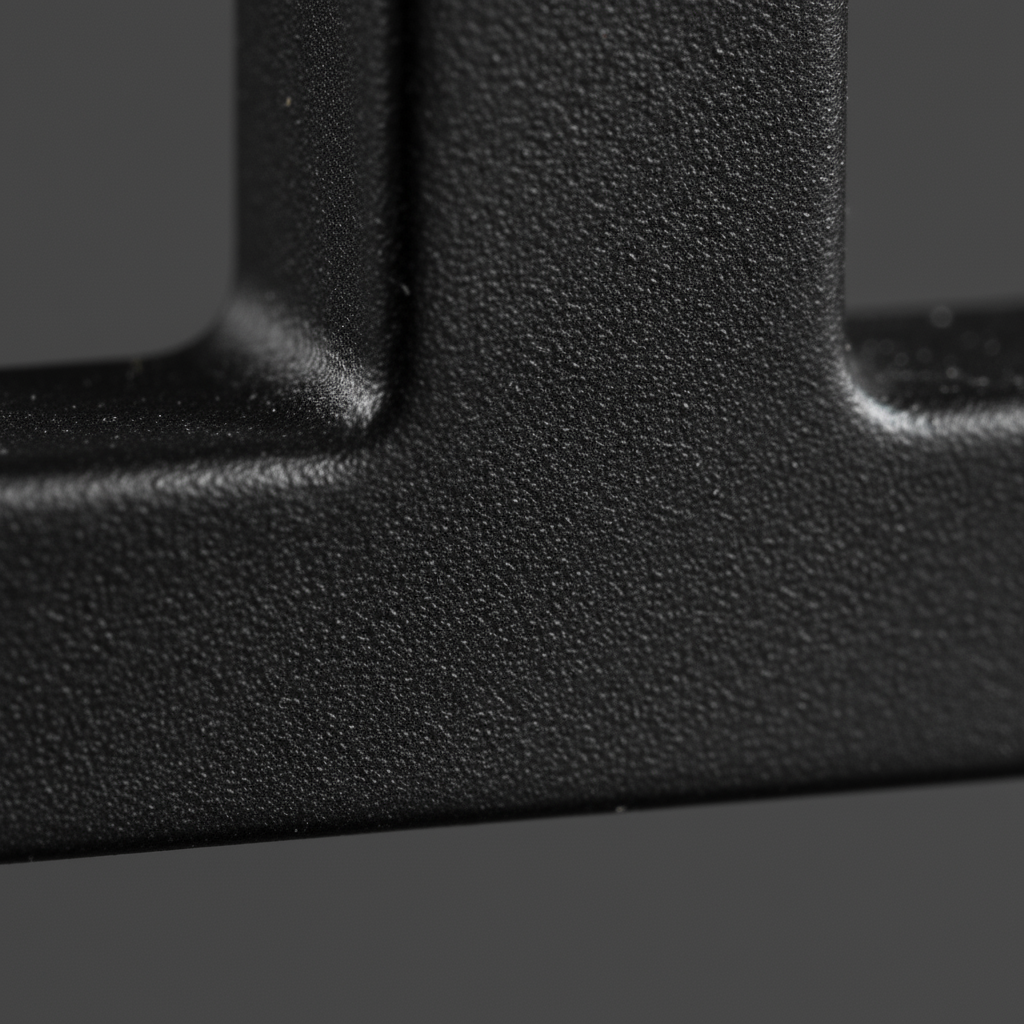 a close-up shot showing the textured finish of a black powder-coated steel table base