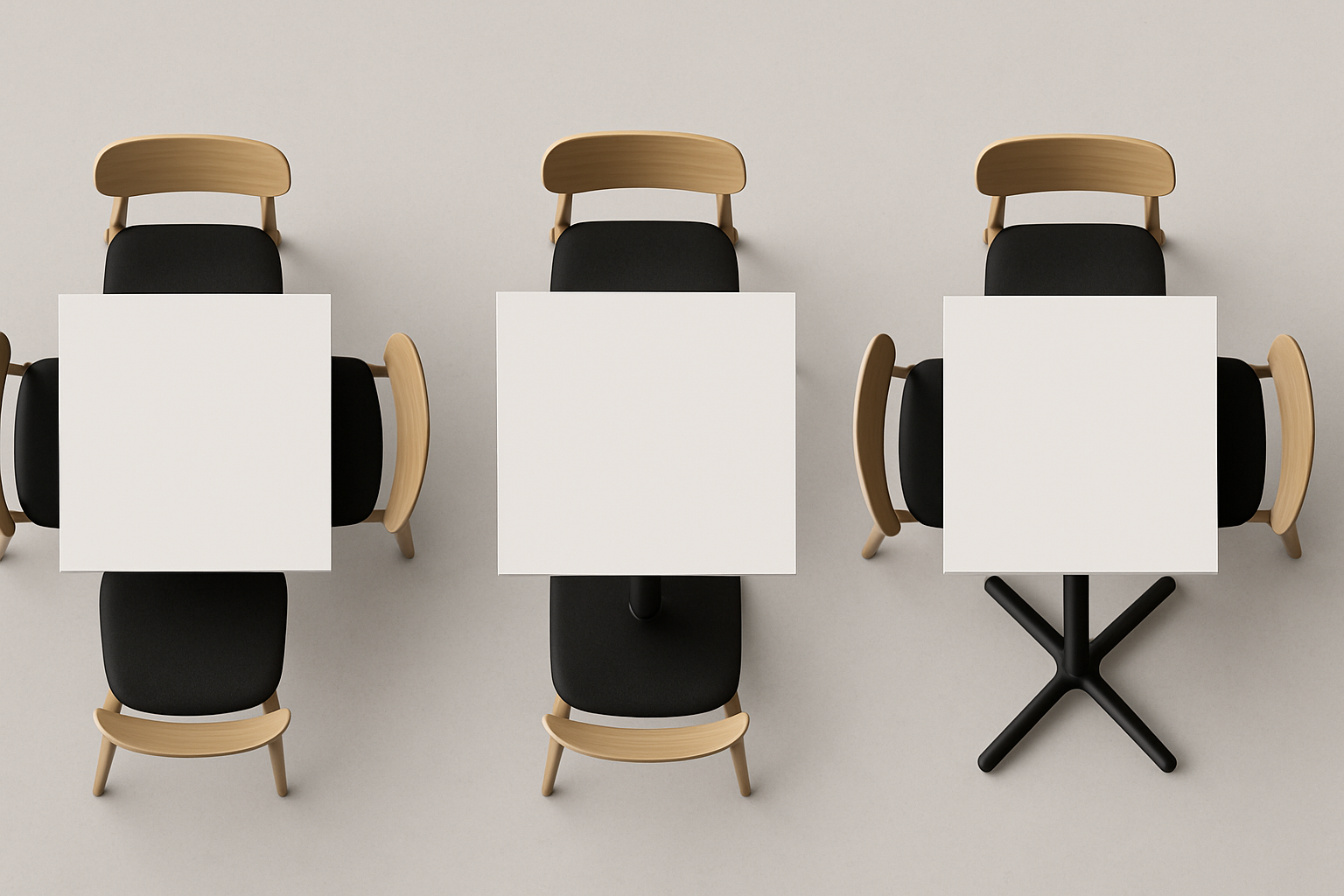top-down view of round plate, square plate, and X-base with chairs