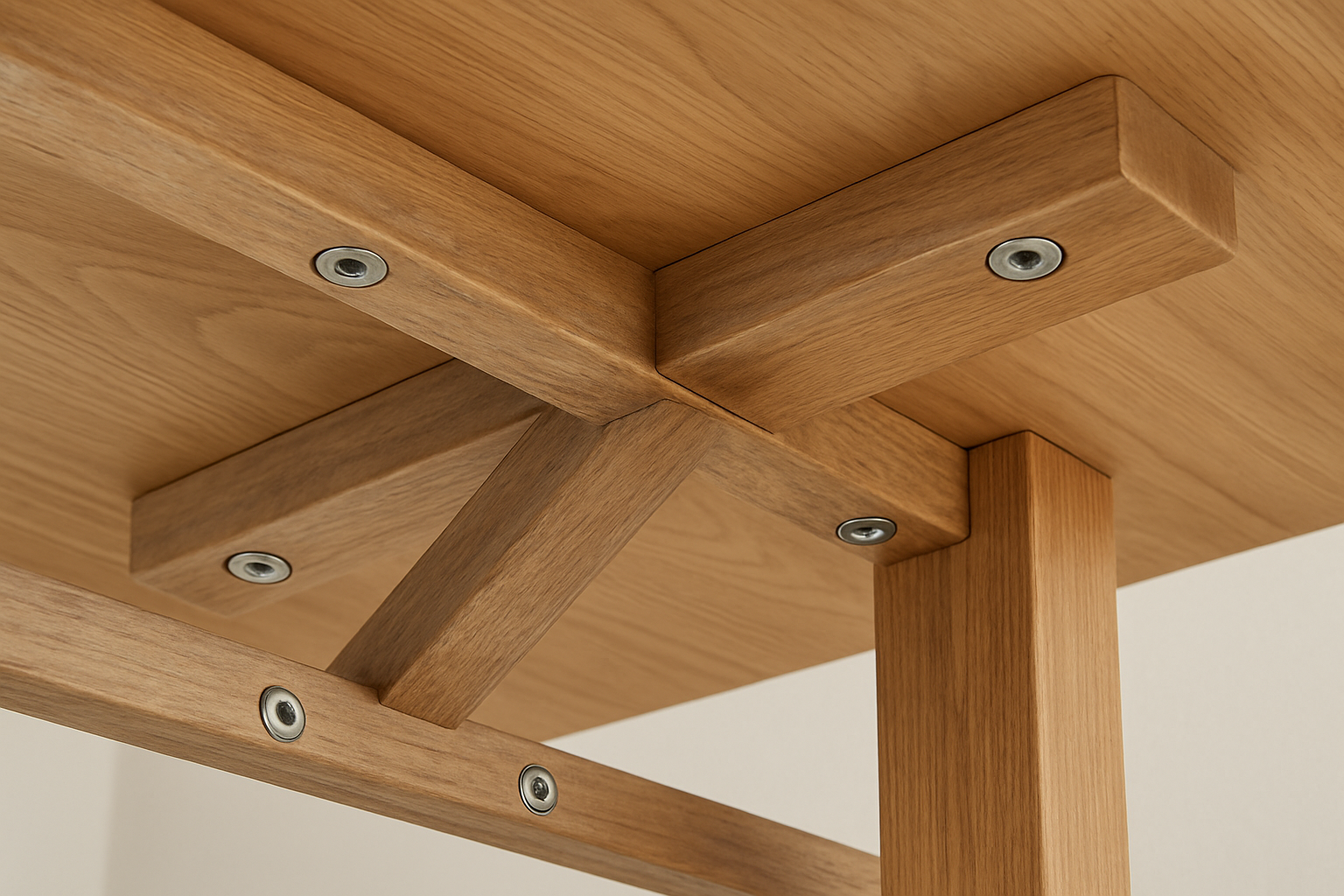 underside of a table showing cross arms and bolts with inserts