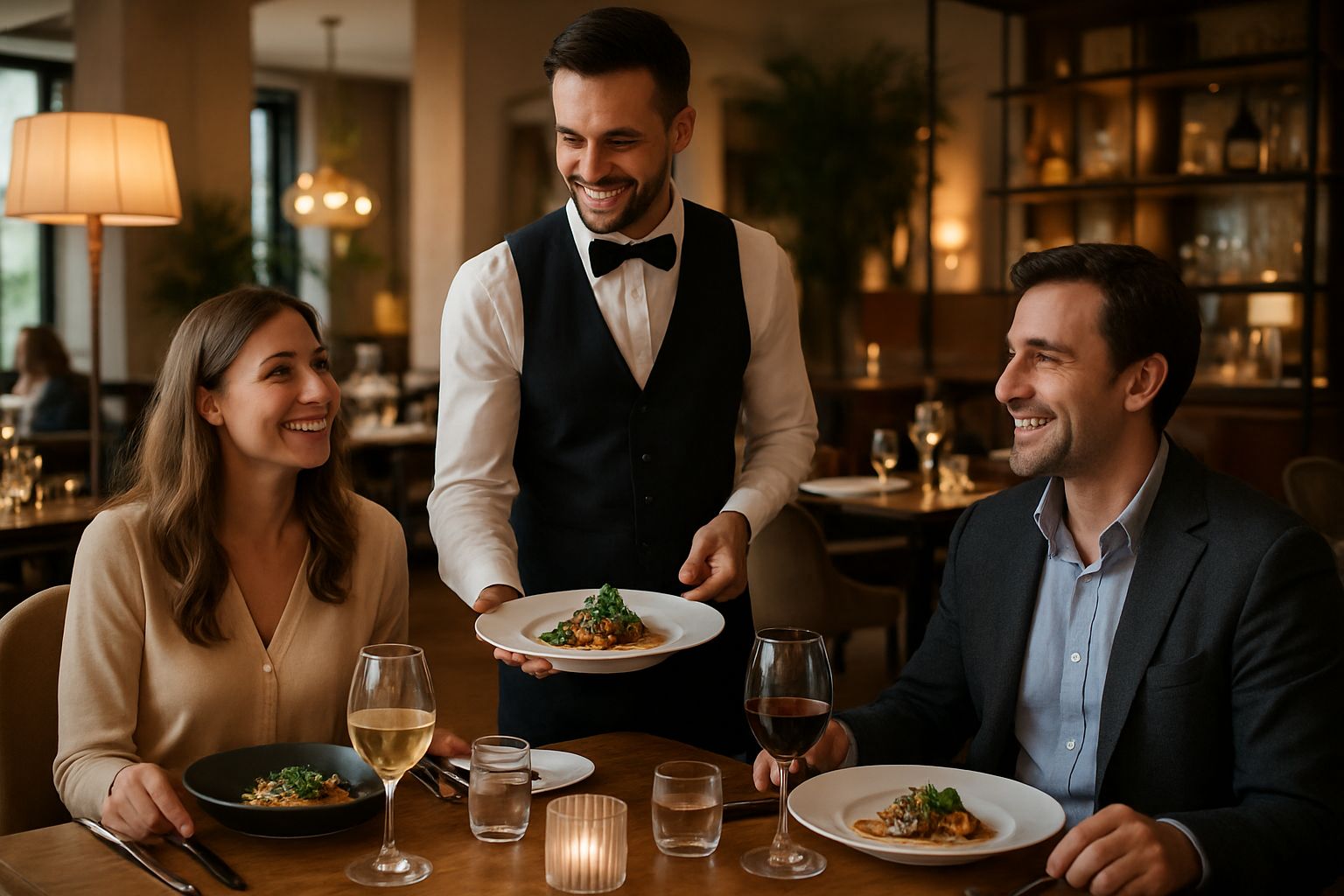 a waiter serving smiling guests in a beautifully furnished restaurant, showing product and service working together