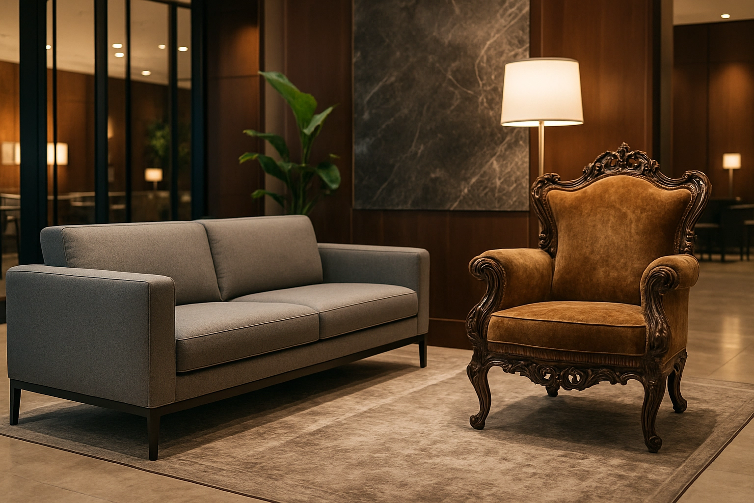 A living room with a sleek modern sofa and a classic ornate armchair, showing a successful style blend
