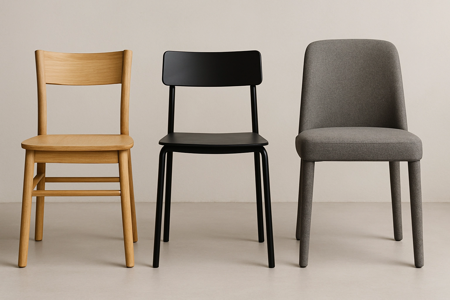 A collection of dining chairs showcasing different materials: natural wood, black metal, and a grey upholstered fabric