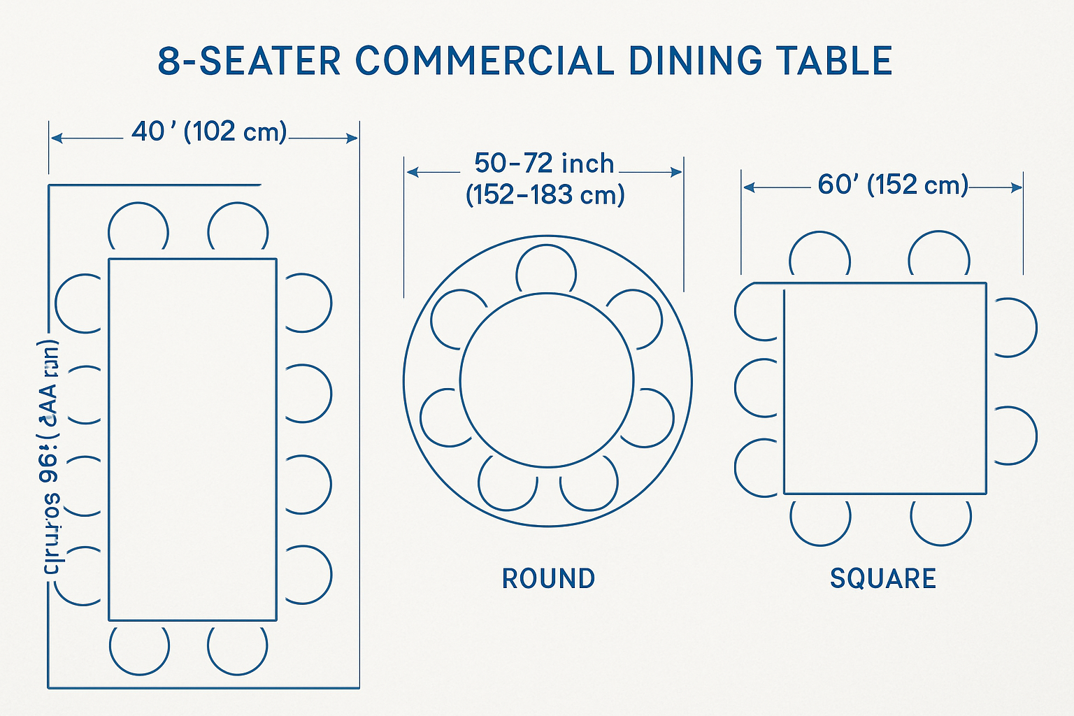 a diagram showing the standard dimensions for an 8-seater rectangular, round, and square dining table