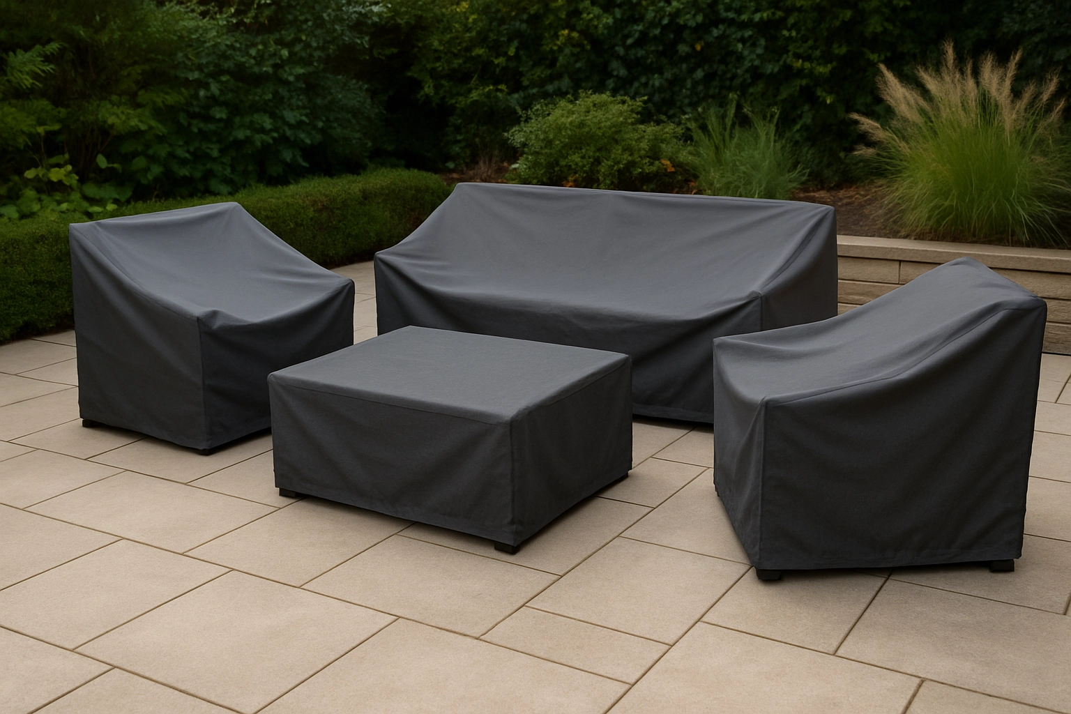 A set of outdoor furniture neatly covered with durable, waterproof, and breathable covers