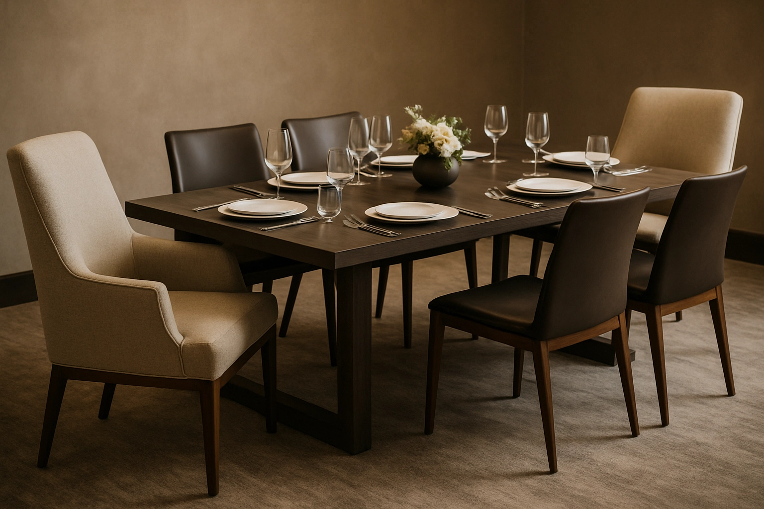 A dining table with elegant armchairs at the heads and sleek armless chairs along the sides