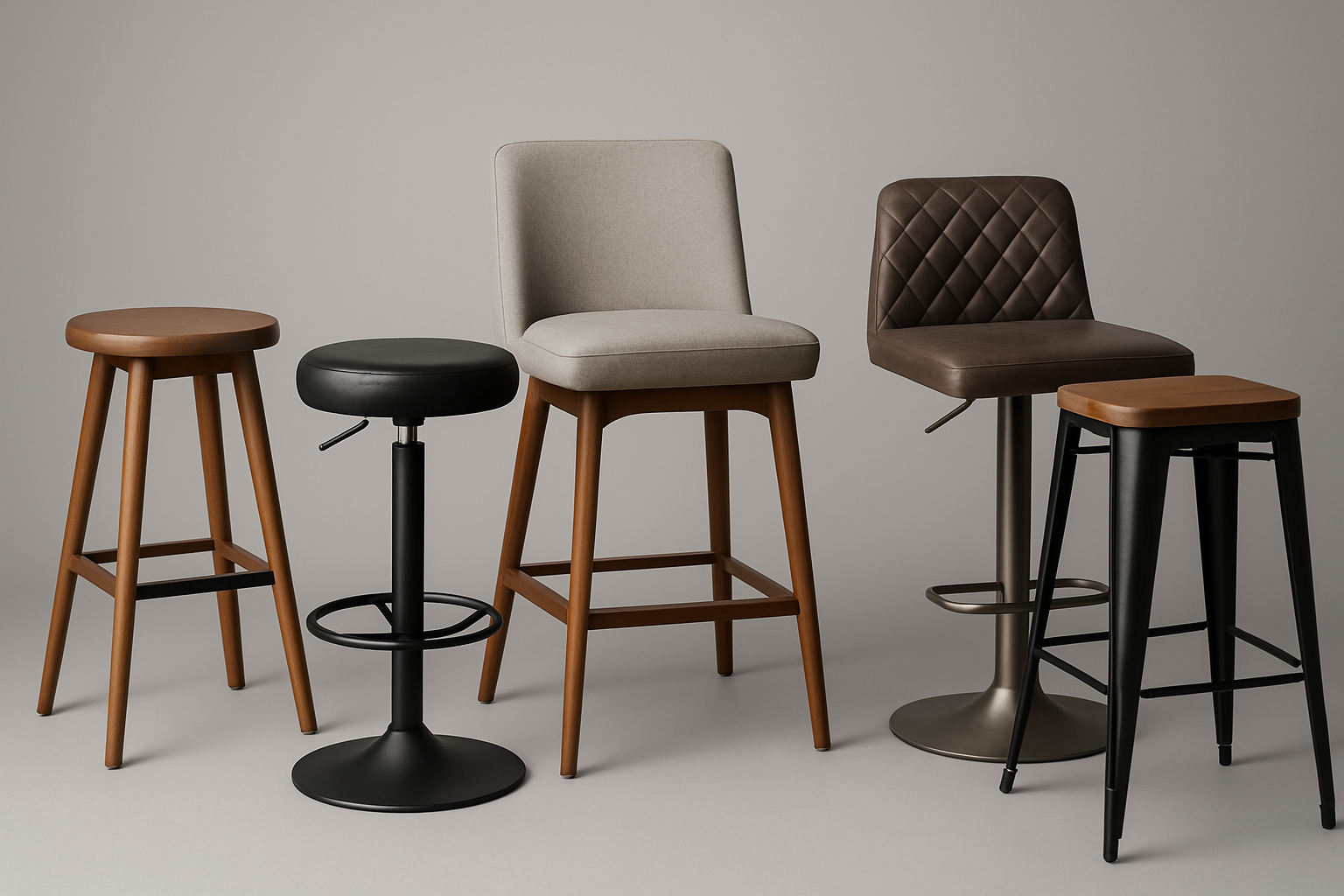 a photo showing different styles of bar stools, including ones with backs and different base types