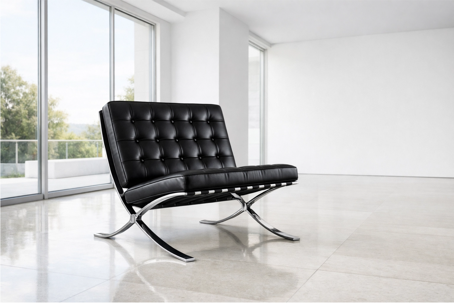 An elegant Barcelona chair sitting in a bright, high-ceilinged minimalist room
