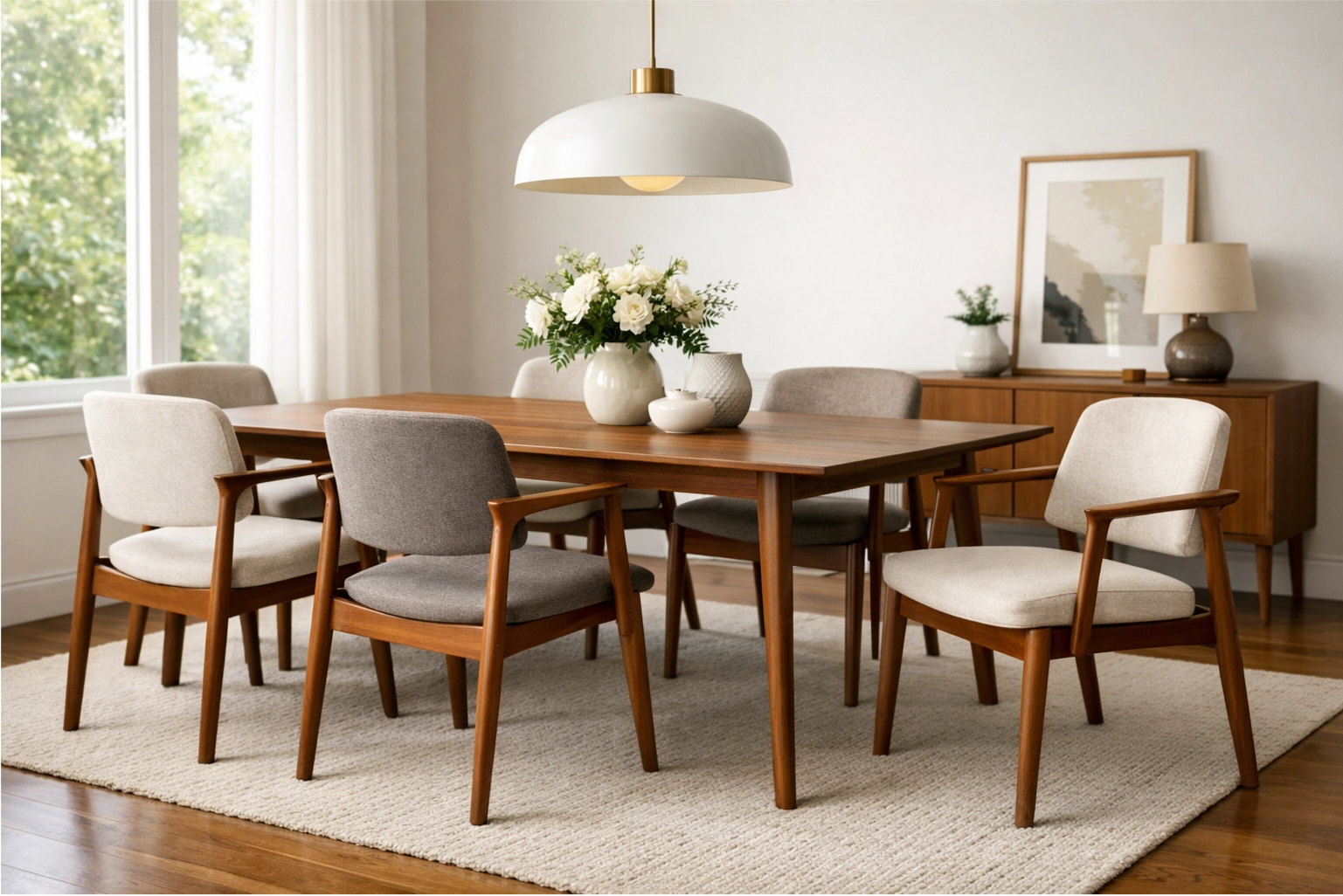 A beautiful dining room showcasing several elegant Mid-Century Modern dining chairs