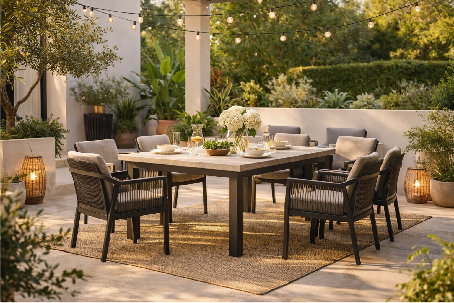 A beautiful patio with a stylish, durable weather-resistant dining set