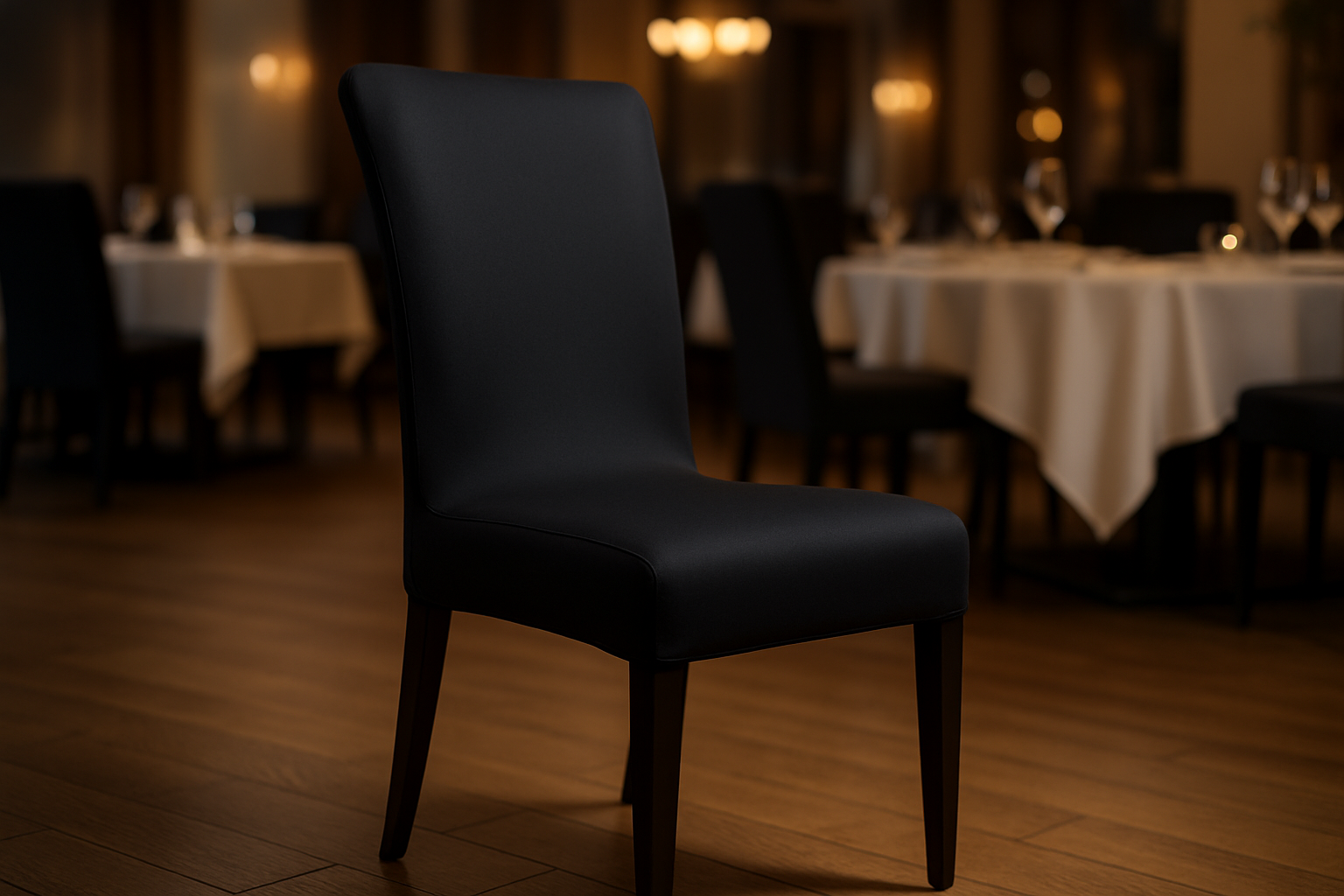 A sleek, perfectly fitted black stretch fabric cover on a dining chair in an elegant restaurant setting