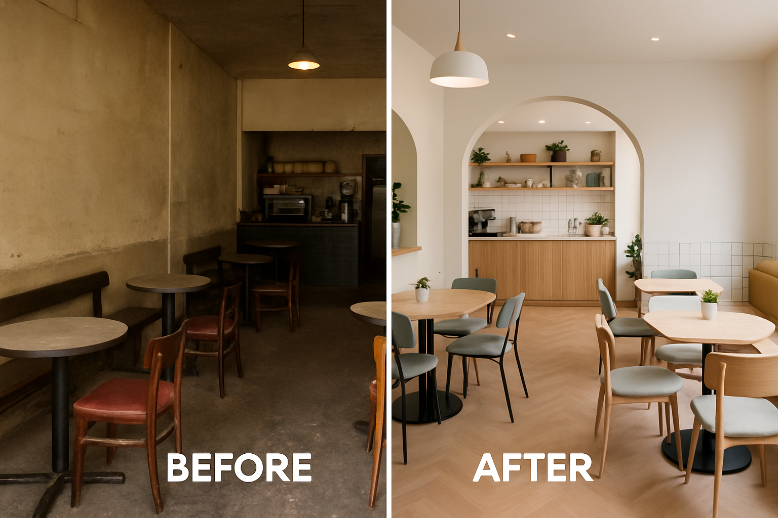 a split image showing a before and after of a cafe interior successfully updated with new furniture
