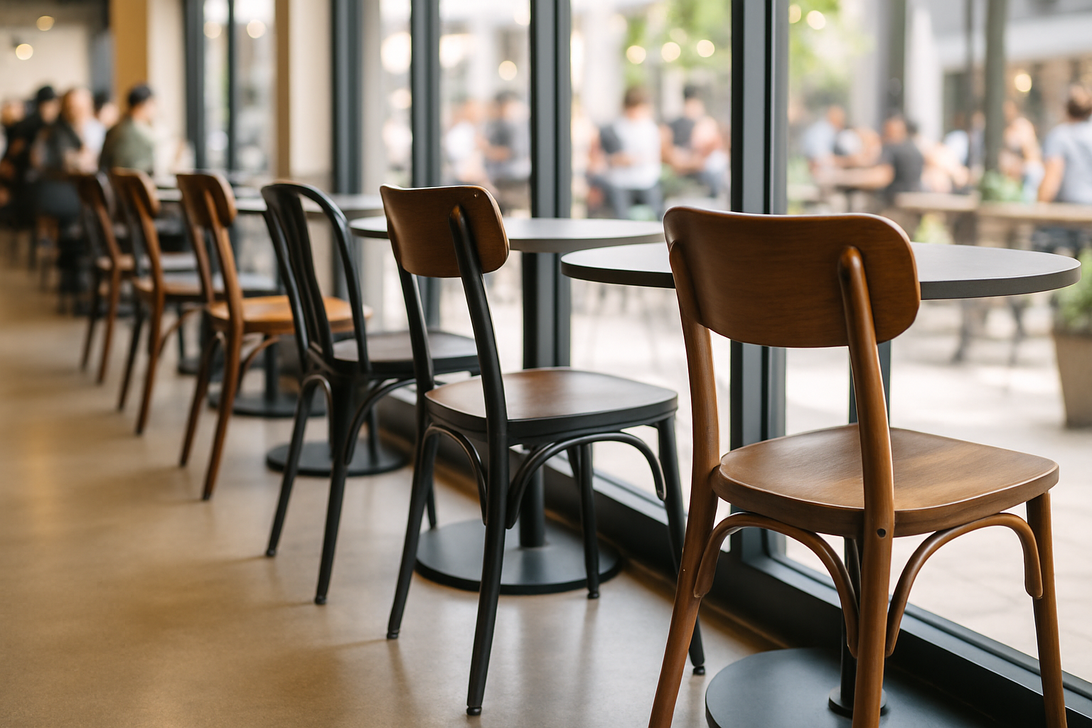 a row of stylish and durable cafe chairs in a bright, bustling coffee shop setting