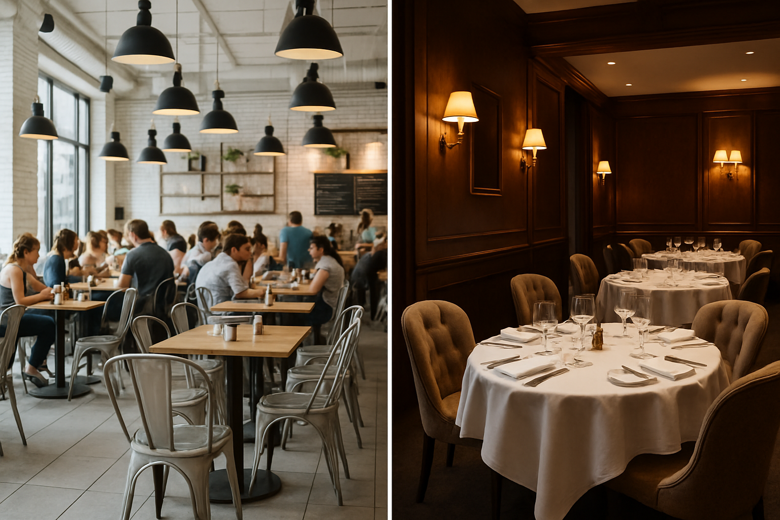 A split image showing a busy, bright cafe with metal chairs on one side, and a cozy, elegant restaurant with upholstered chairs on the other