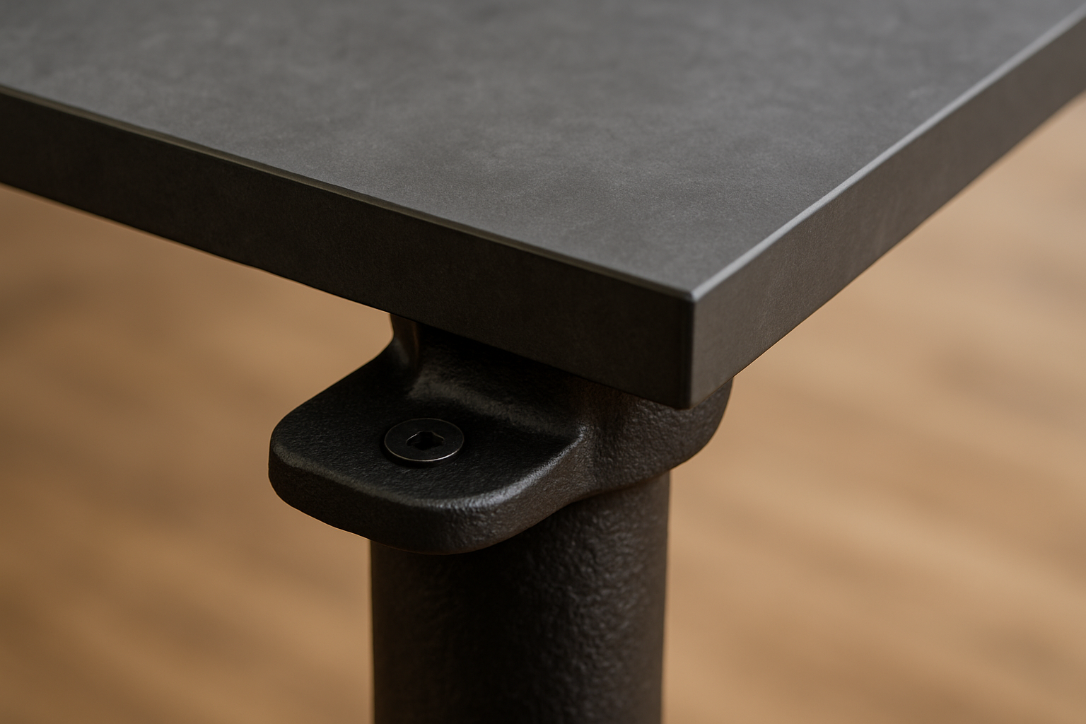 a close-up showing the components of a superior restaurant table: a heavy cast iron base and a thick, durable HPL top