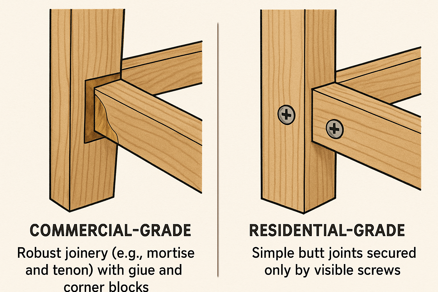 a side-by-side comparison showing the robust joinery of a commercial chair versus the simple screws of a residential one