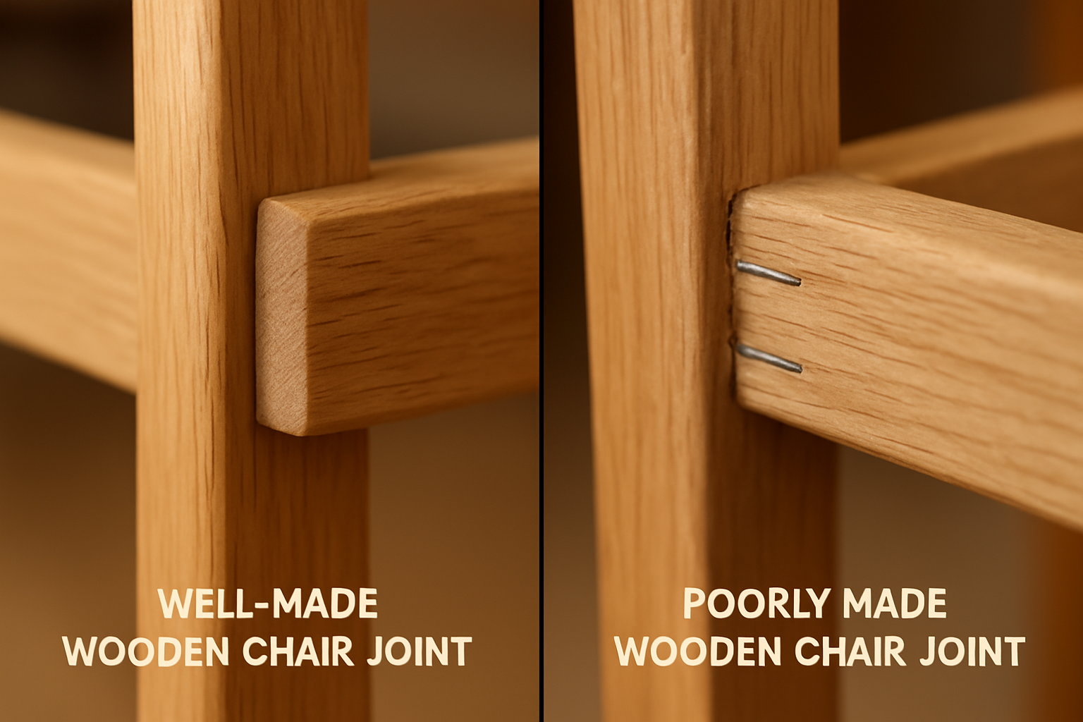 A side-by-side comparison of a well-made wooden chair joint and a poorly made one held by staples