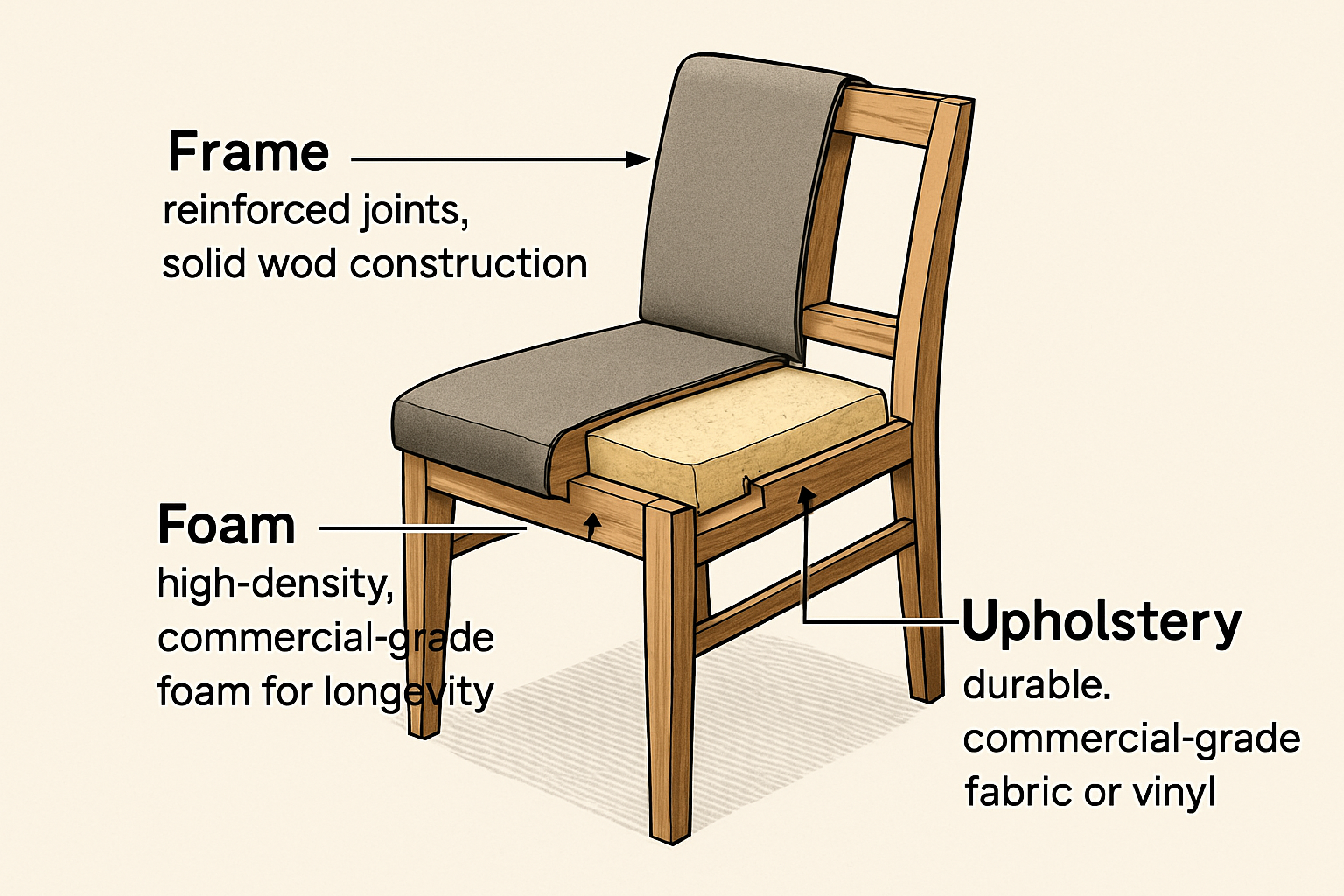 A diagram showing the key features of a well-made dining chair, pointing to the frame, foam, and upholstery